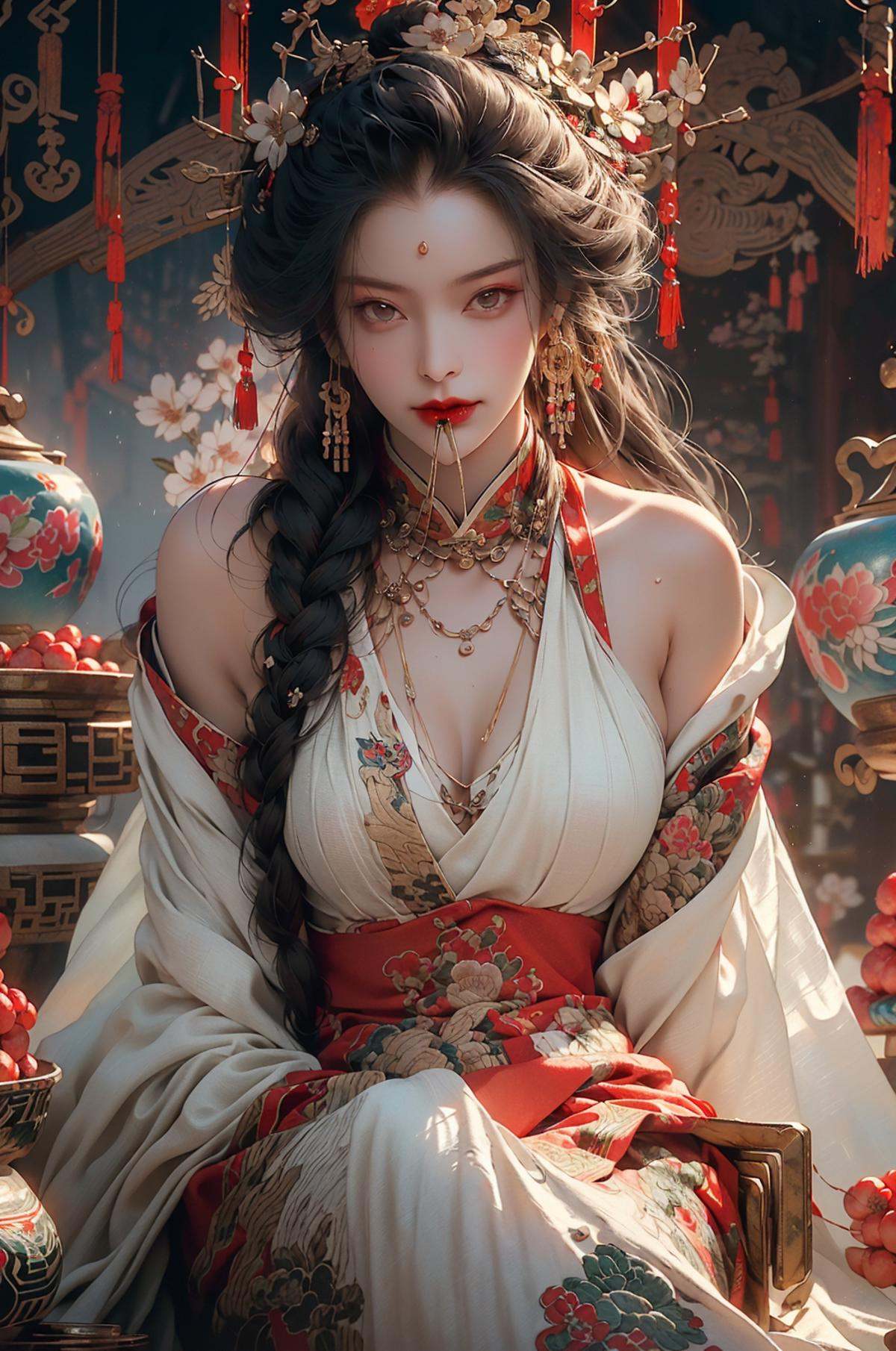 (dramatic, gritty, intense:1.4),masterpiece, best quality, 8k, insane details, intricate details, hyperdetailed, hyper quality, high detail, ultra detailed, (Dynamic Angle:1.5),(wide-angle lens,Panoramic:1.2),cyberpunk，Depth of field,(chinese style architecture),((cyberpunk city)), (light pollution), rainy night, (wet), (((cropped shoulders))), (cyberpunk), science fiction, workshop,((shiny skin)), {Extremely Delicate Beautiful},Chinese style clothes,Chinese Han clothing,White and blue Taoist robe, (colored china dress), (hybrid), messy_hair, multicolored hair, (colored tips), shiny hair,((exoskeleton)), (mechanical joints), (mechanical parts), ((internal structure)), (detailed structure),  hair rings, mechanical internal structure, delicate internal structure,(cables), (wires), (pistons), electricity, (glowing orbs), (luminous engine), energy cannon, (energy core), (cables connected to body), (wire connected to body), (robotic arms), ((Electronic collar)),3d, 3d render, ray tracing,(1 group of women in qipao, eating Hot pot:1.4), heterochromia，(sitting around a round table:1.2), in a traditional noodle restaurant, (chopsticks:1.5) in hand, slurping noodles, (smiling and chatting:1.2), (red lipstick:1.1), (long hair:1.1) styled in classic Chinese fashion, (floral patterns:1.2) on their qipao dresses, brightly colored, (steaming bowls of noodles:1.4) on the table, with chopsticks and soup spoons beside them, (traditional decorations:1.1) on the walls, such as lanterns and calligraphy，(cyber screen frame:1.3),(cyberpunk Colorless goggles:1.2),1 large round table, filled with vegetables and food, (abundant variety:1.3), colorful display of fresh produce, (vibrant fruits:1.2), (leafy greens:1.1), (crisp vegetables:1.1), (juicy berries:1.2), (aromatic herbs:1.1), (grains and legumes:1.1), (assorted nuts and seeds:1.2), (delicious pastries:1.3), (mouth-watering desserts:1.2), (appetizing dishes:1.1), (platters of salads:1.2), (bowls of soups:1.1), (plates of roasted vegetables:1.2), (colorful smoothies:1.3),  (glass pitchers of refreshing drinks:1.2), (utensils and cutlery:1.1) neatly arranged, creating a feast for the eyes and a celebration of healthy and flavorful cuisine， queen，<lora:绪儿-女帝queen:1>