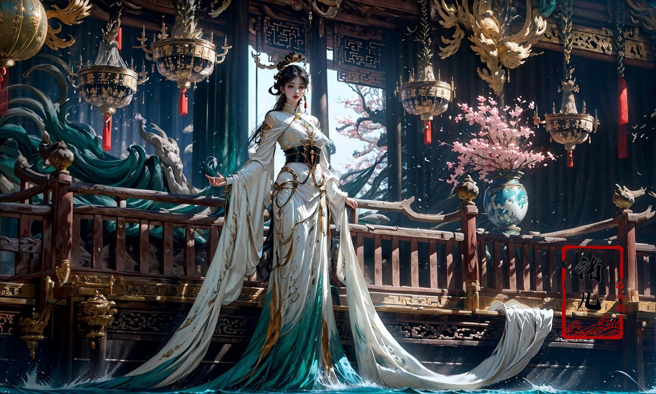 Dark and majestic Chinese palace background at night, waves and swirls of emerald color, a beautiful girl standing in the palace, the center of the sea, traditional Chinese costume jewelry,elaborate costumes, full body photos, traditional costumes, eye - catching details, the best quality，<lora:绪儿-皇宫palace background:0.9>