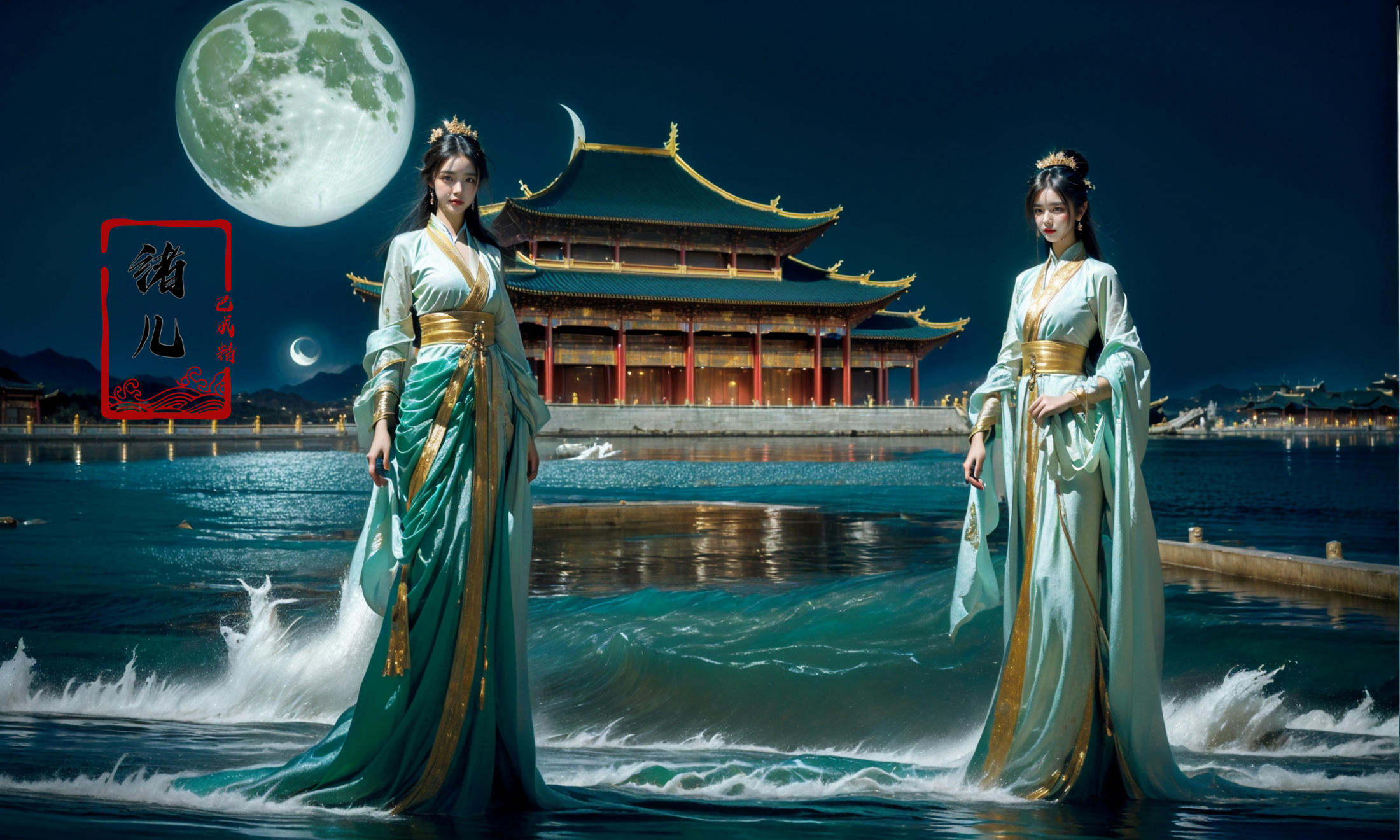 Dark and majestic Chinese palace background at night, waves and swirls of emerald color, a beautiful girl standing in the palace, the center of the sea, traditional Chinese costume jewelry, acrylic oil painting, light white and light silver, gold, elaborate costumes, full body photos, traditional costumes, eye - catching details, the best quality，crescent_moon,starry_sky,night_sky,(Real water，Realistic water，flowing water:1.5)，ripples，<lora:绪儿-皇宫palace background:0.9>