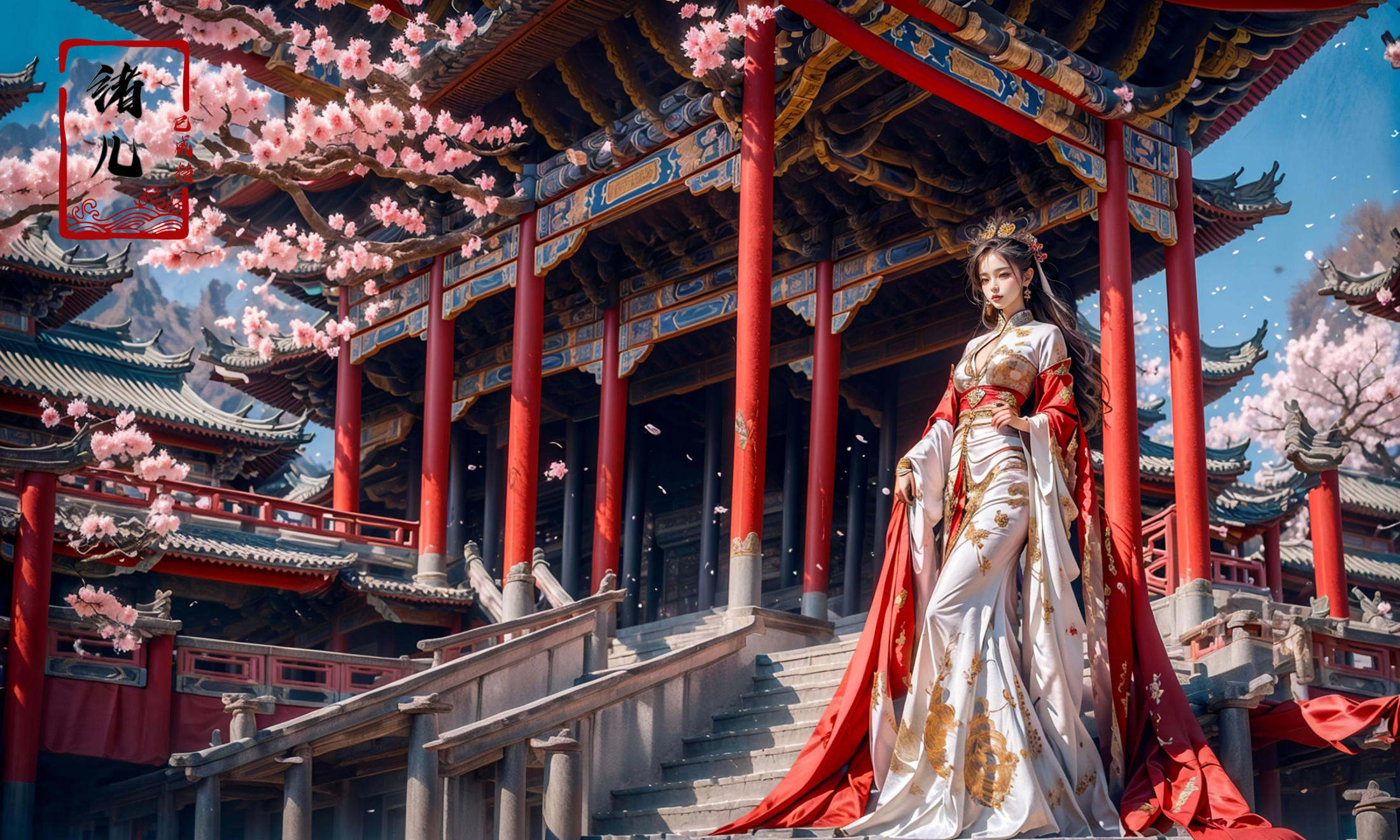 palace background，Dark and majestic Chinese palace background, wavy plum blossoms, a beautiful girl standing in the center of the palace, plum trees in the center, traditional Chinese clothing jewelry, elaborate costumes, full - body photos, traditional costumes, super vista, super wide Angle，<lora:绪儿-皇宫palace background:0.9>