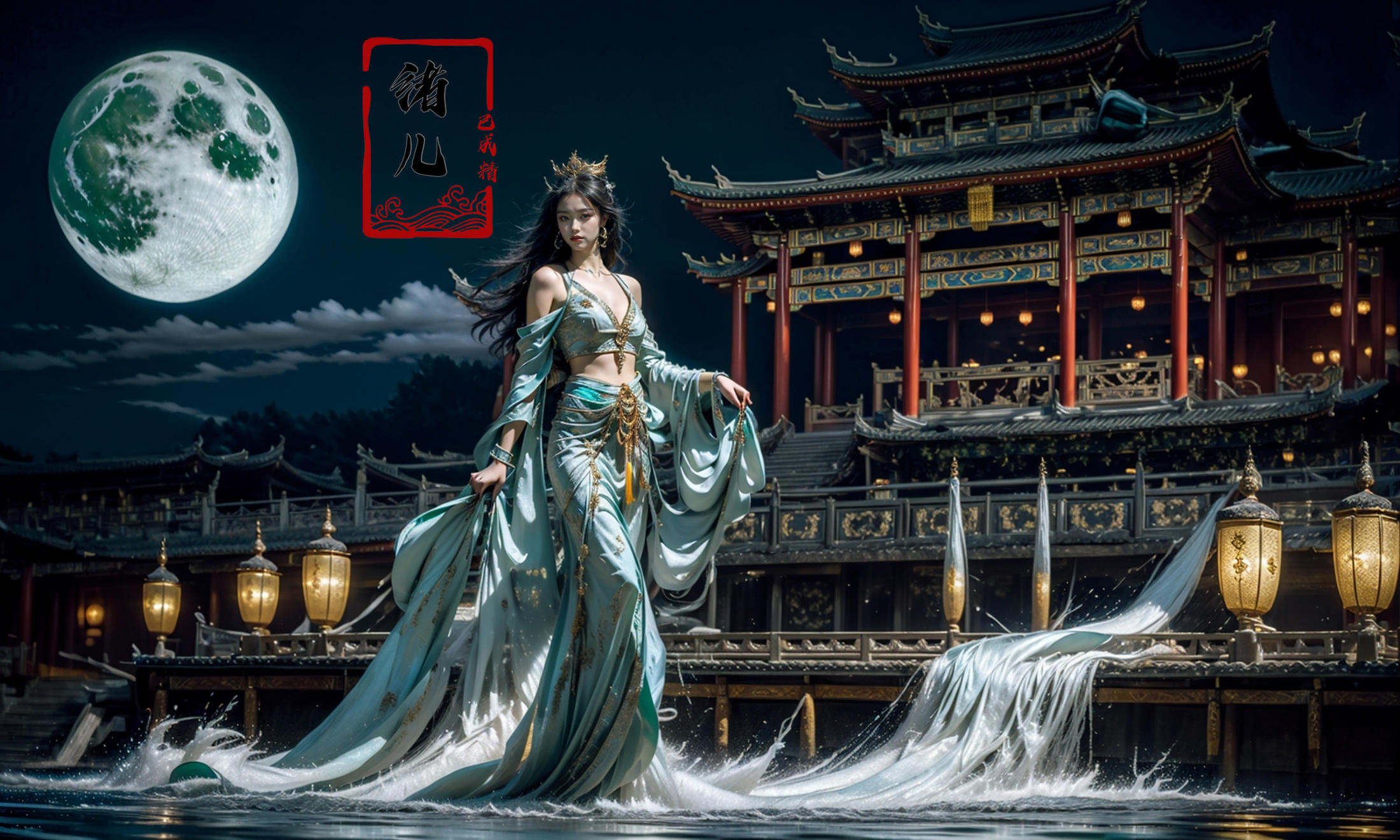 Dark and majestic Chinese palace background at night, waves and swirls of emerald color, a beautiful girl standing in the palace, the center of the sea, traditional Chinese costume jewelry,elaborate costumes, full body photos, traditional costumes, eye - catching details, the best quality，crescent_moon,starry_sky,night_sky,(Real water，Realistic water，flowing water:1.1)，ripples，<lora:绪儿-皇宫palace background:0.9>
