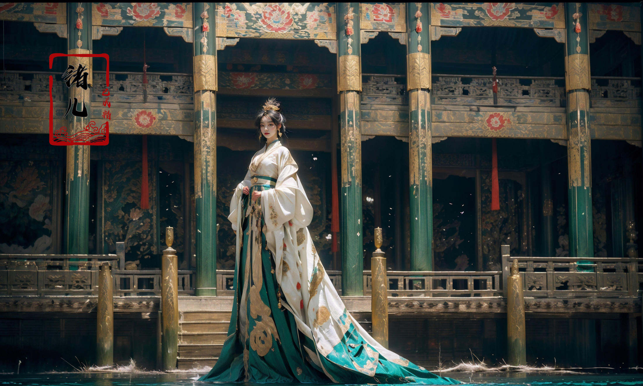 Dark and majestic Chinese palace background at night, waves and swirls of emerald color, a beautiful girl standing in the palace, the center of the sea, traditional Chinese costume jewelry,elaborate costumes, full body photos, traditional costumes, eye - catching details, the best quality，<lora:绪儿-皇宫palace background:0.9>