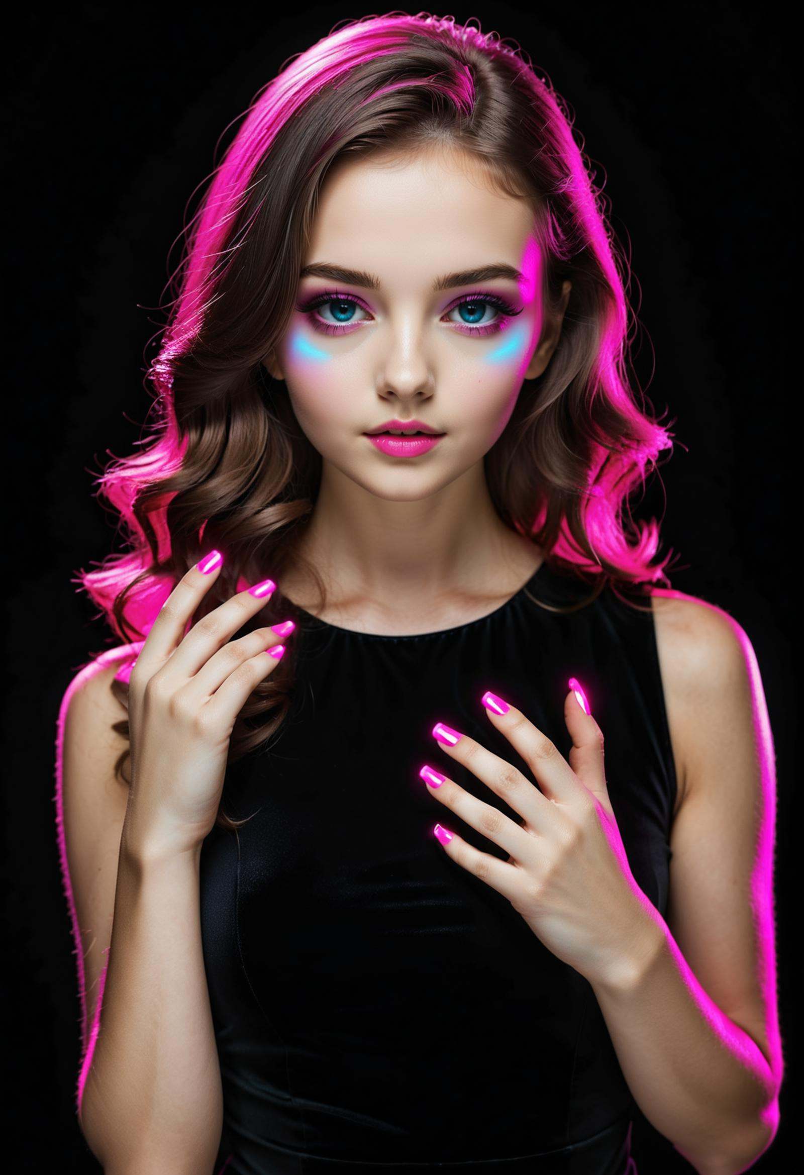 1girl,  glowing neon pink fingernails,  nail polish on Tensor.Art