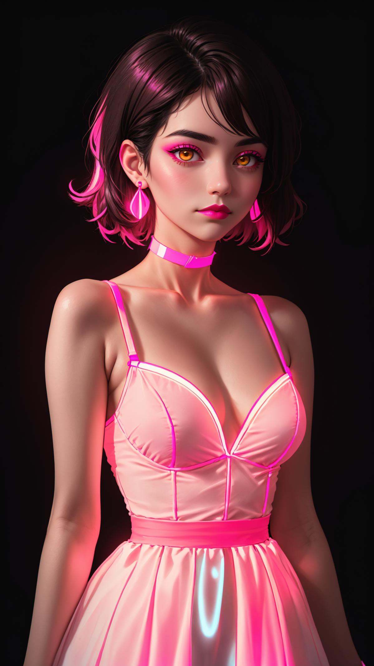 1girl,  (glowing neon pink dress),  glowing neon pink earrings on Tensor.Art