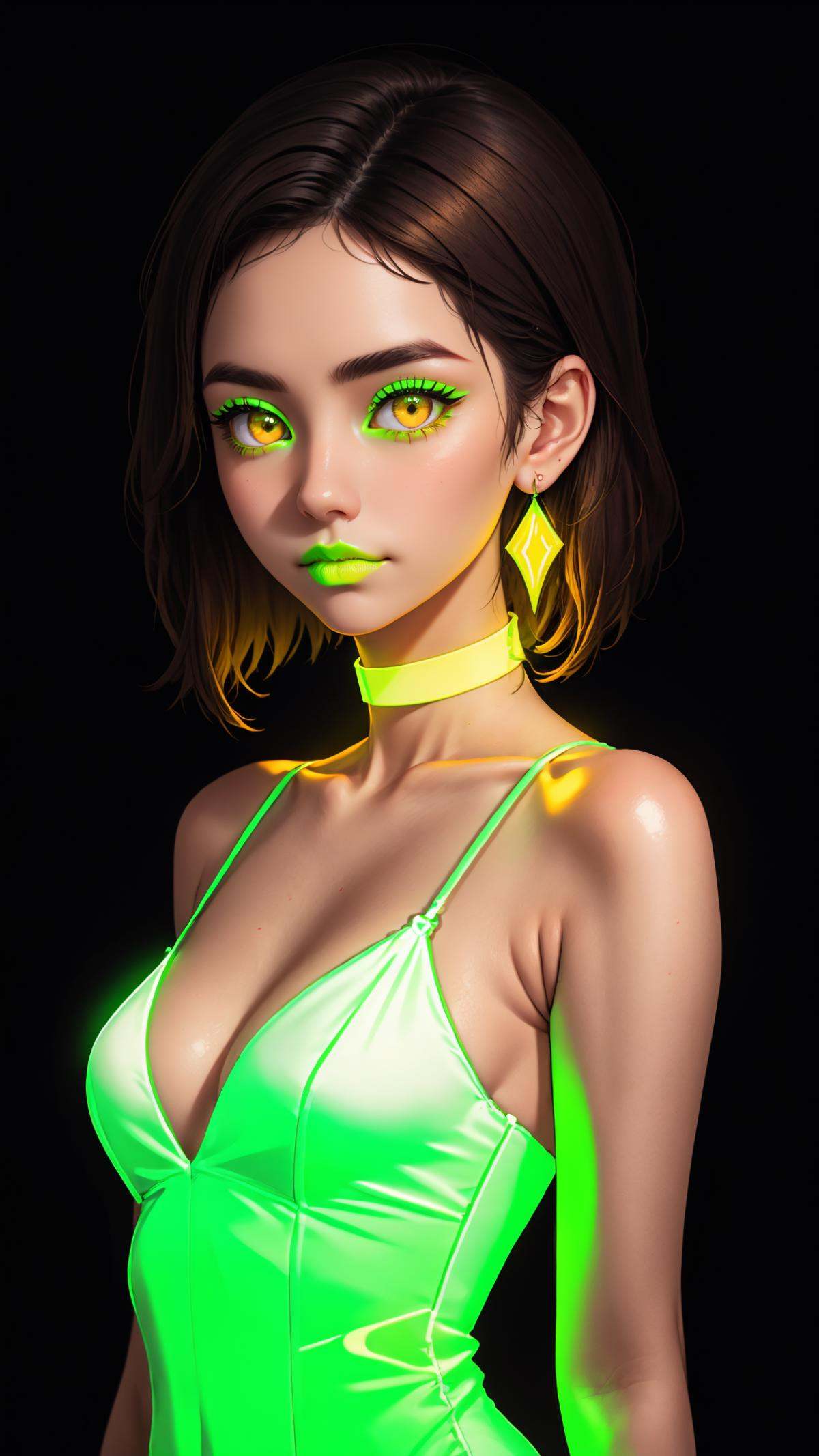 1girl,  (glowing neon green dress),  glowing neon green earrings on Tensor.Art