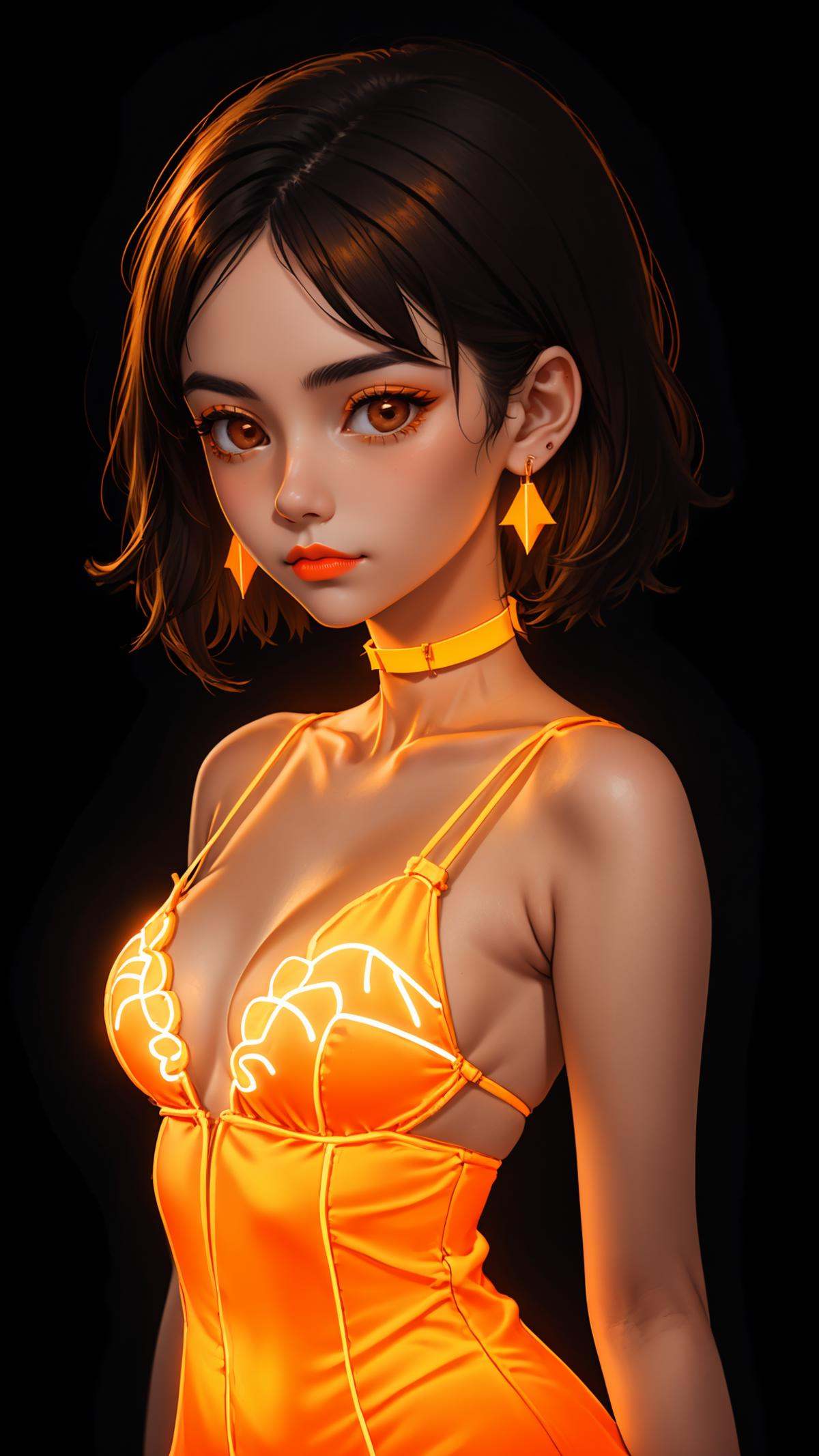 1girl,  (glowing neon orange dress),  glowing neon orange earrings on Tensor.Art