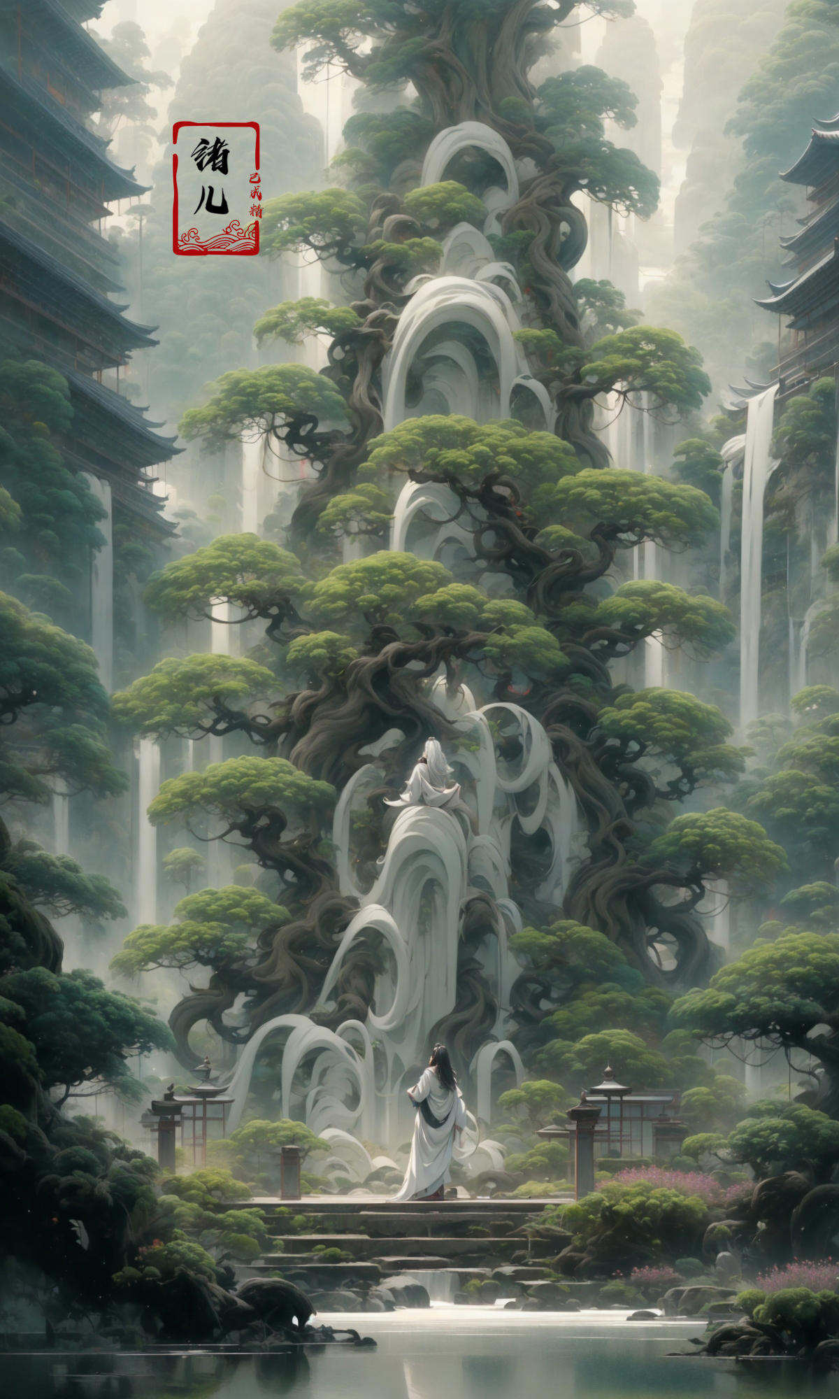 an painting in a style of oriental painting, in the style of matte painting, layered and atmospheric landscapes, rich and immersive, quiet contemplation, dark white and green, history painting, zen-inspired, grandeur of scale，highly detailed, dynamic, cinematic, stunning, realistic lighting and shading, vivid, vibrant, 8k,octane render, unreal engine, very detailed, concept art, realistic, Cry engine, wide shot，1 girl，very long hair，white hair，(upper body:1.0)，<lora:绪儿-松pine:0.9>