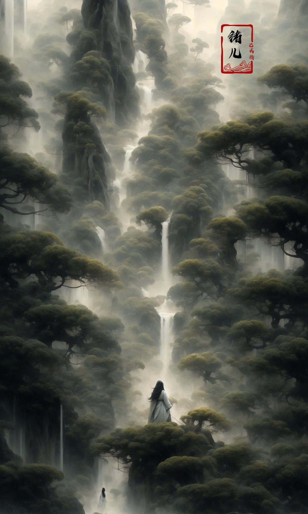 an painting in a style of oriental painting, in the style of matte painting, layered and atmospheric landscapes, rich and immersive, quiet contemplation, dark white and green, history painting, zen-inspired, grandeur of scale，highly detailed, dynamic, cinematic, stunning, realistic lighting and shading, vivid, vibrant, 8k,octane render, unreal engine, very detailed, concept art, realistic, Cry engine, wide shot，2girl，very long hair，white hair，(upper body:1.5)，<lora:绪儿-松pine:0.9>