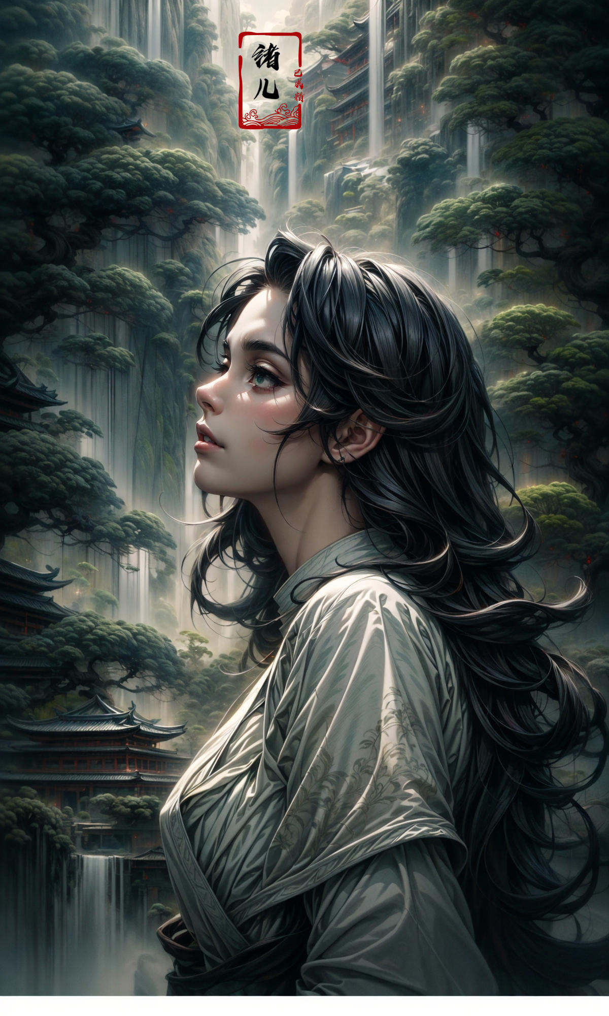 an painting in a style of oriental painting, in the style of matte painting, layered and atmospheric landscapes, rich and immersive, quiet contemplation, dark white and green, history painting, zen-inspired, grandeur of scale，highly detailed, dynamic, cinematic, stunning, realistic lighting and shading, vivid, vibrant, 8k,octane render, unreal engine, very detailed, concept art, realistic, Cry engine, wide shot，2girl，very long hair，white hair，(upper body:1.5)，<lora:绪儿-松pine:0.9>