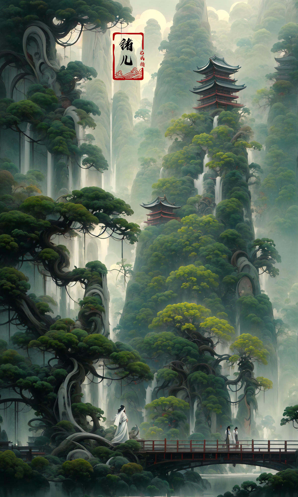 an painting in a style of oriental painting, in the style of matte painting, layered and atmospheric landscapes, rich and immersive, quiet contemplation, dark white and green, history painting, zen-inspired, grandeur of scale，highly detailed, dynamic, cinematic, stunning, realistic lighting and shading, vivid, vibrant, 8k,octane render, unreal engine, very detailed, concept art, realistic, Cry engine, wide shot，very long hair，white hair，east asian architecture，building，pagoda，scenery，pine，tree，outdoors，bridge，water，reflection，fog，boat，pond，moss，<lora:绪儿-松pine:1>