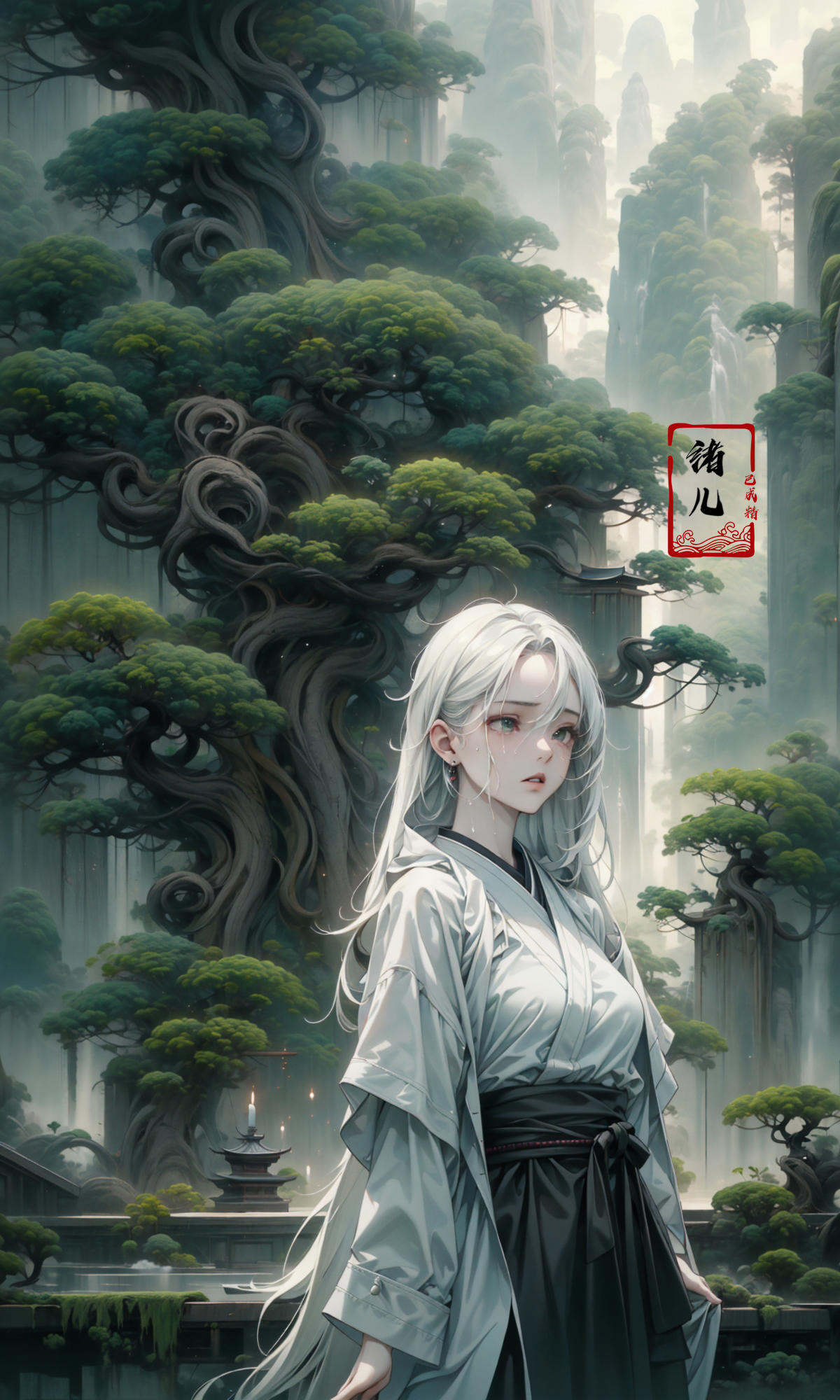 an painting in a style of oriental painting, in the style of matte painting, layered and atmospheric landscapes, rich and immersive, quiet contemplation, dark white and green, history painting, zen-inspired, grandeur of scale，highly detailed, dynamic, cinematic, stunning, realistic lighting and shading, vivid, vibrant, 8k,octane render, unreal engine, very detailed, concept art, realistic, Cry engine, wide shot，2girl，very long hair，white hair，(upper body:1.1)，<lora:绪儿-松pine:0.9>