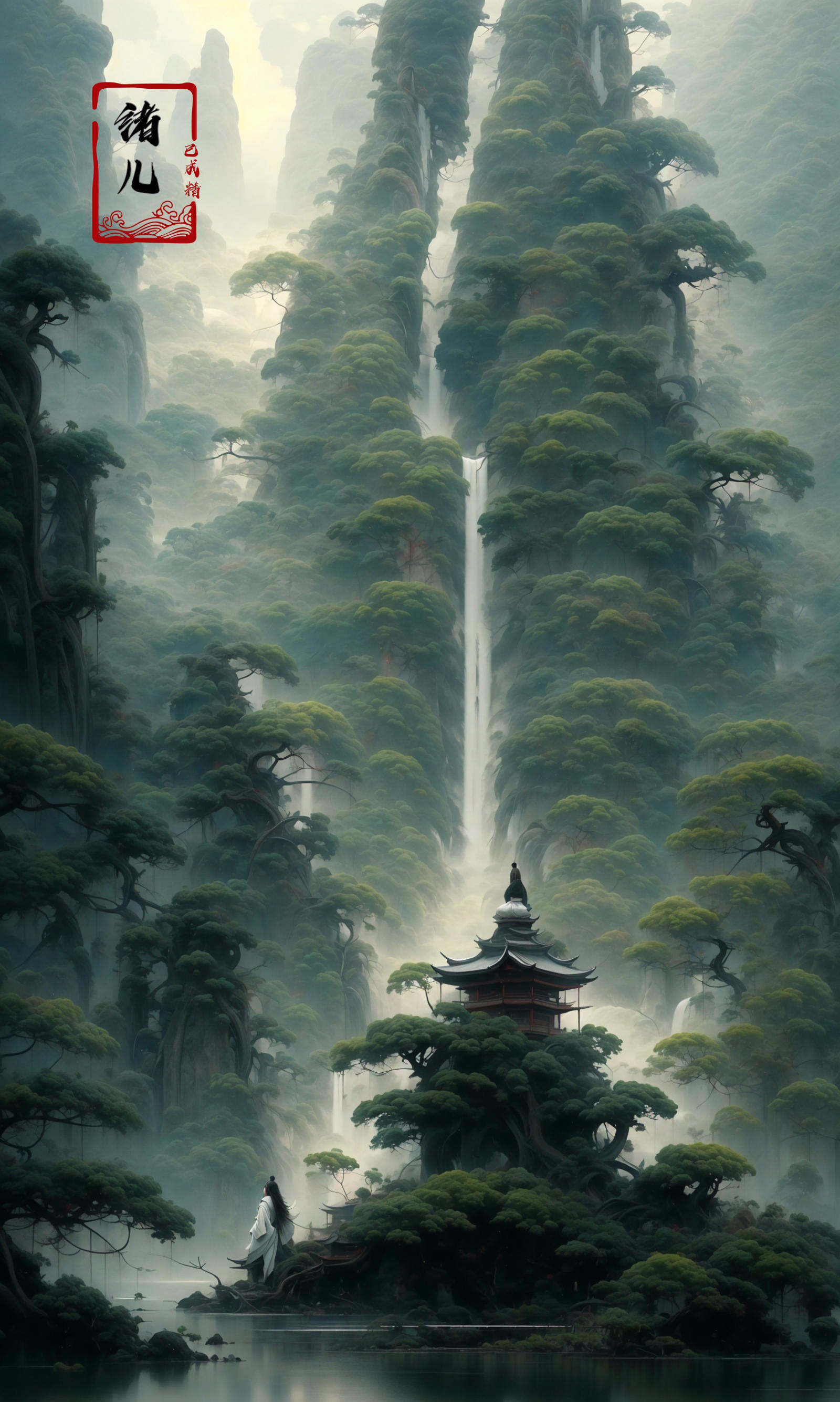 an painting in a style of oriental painting, in the style of matte painting, layered and atmospheric landscapes, rich and immersive, quiet contemplation, dark white and green, history painting, zen-inspired, grandeur of scale，highly detailed, dynamic, cinematic, stunning, realistic lighting and shading, vivid, vibrant, 8k,octane render, unreal engine, very detailed, concept art, realistic, Cry engine, wide shot，1 girl，very long hair，white hair，(upper body:1.0)，<lora:绪儿-松pine:0.9>