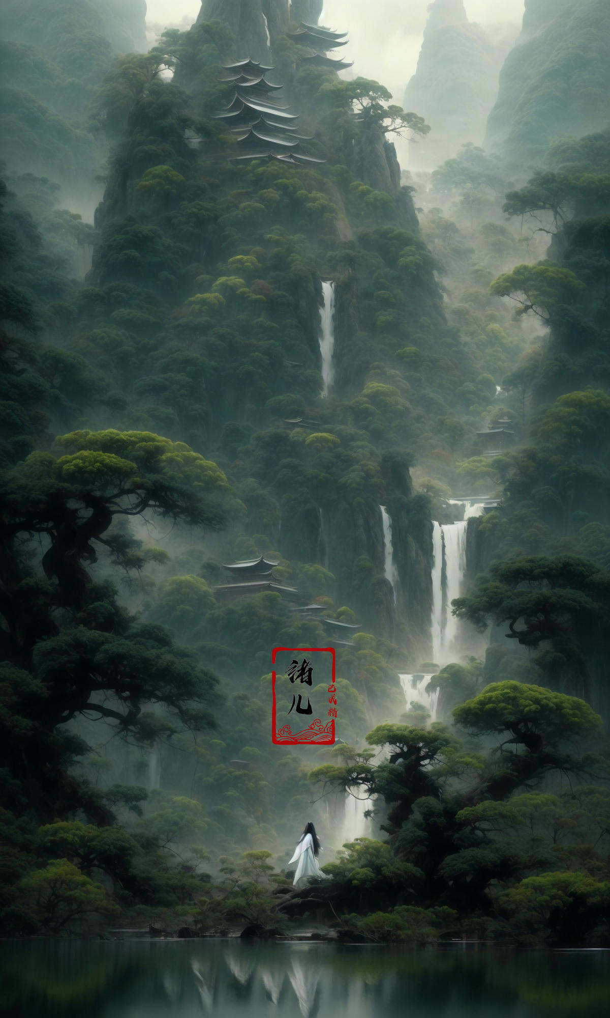 an painting in a style of oriental painting, in the style of matte painting, layered and atmospheric landscapes, rich and immersive, quiet contemplation, dark white and green, history painting, zen-inspired, grandeur of scale，highly detailed, dynamic, cinematic, stunning, realistic lighting and shading, vivid, vibrant, 8k,octane render, unreal engine, very detailed, concept art, realistic, Cry engine, wide shot，1 girl，very long hair，white hair，(upper body:1.0)，<lora:绪儿-松pine:0.9>