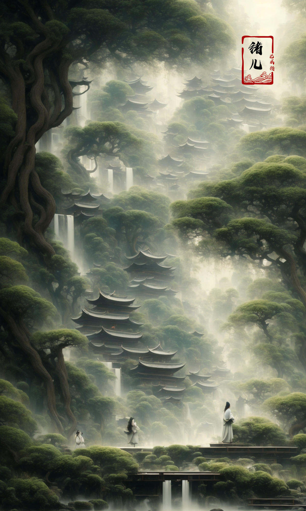 an painting in a style of oriental painting, in the style of matte painting, layered and atmospheric landscapes, rich and immersive, quiet contemplation, dark white and green, history painting, zen-inspired, grandeur of scale，highly detailed, dynamic, cinematic, stunning, realistic lighting and shading, vivid, vibrant, 8k,octane render, unreal engine, very detailed, concept art, realistic, Cry engine, wide shot，2girl，very long hair，white hair，(upper body:1.5)，<lora:绪儿-松pine:0.9>