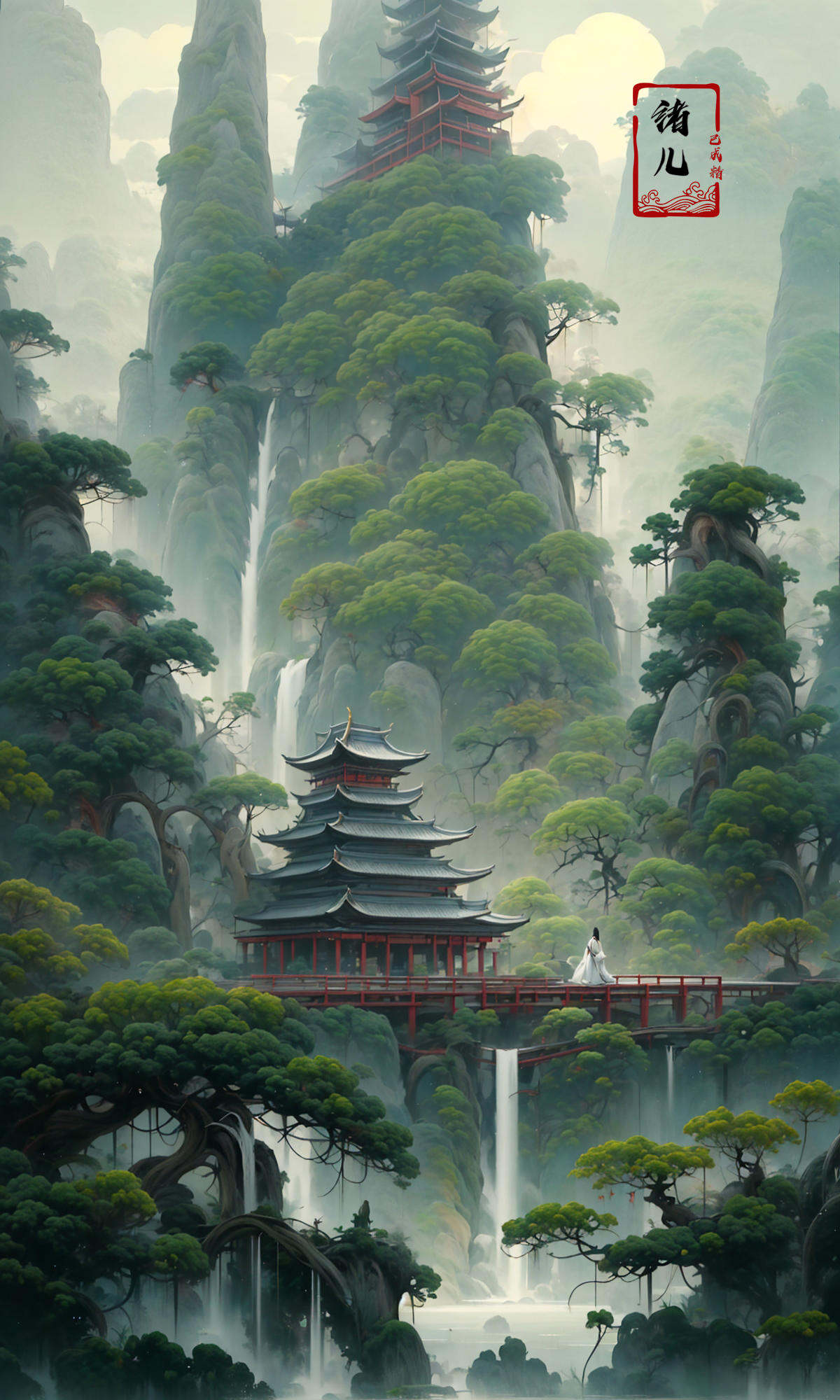 an painting in a style of oriental painting, in the style of matte painting, layered and atmospheric landscapes, rich and immersive, quiet contemplation, dark white and green, history painting, zen-inspired, grandeur of scale，highly detailed, dynamic, cinematic, stunning, realistic lighting and shading, vivid, vibrant, 8k,octane render, unreal engine, very detailed, concept art, realistic, Cry engine, wide shot，very long hair，white hair，east asian architecture，building，pagoda，scenery，pine，tree，outdoors，bridge，water，reflection，fog，boat，pond，moss，<lora:绪儿-松pine:0.9>