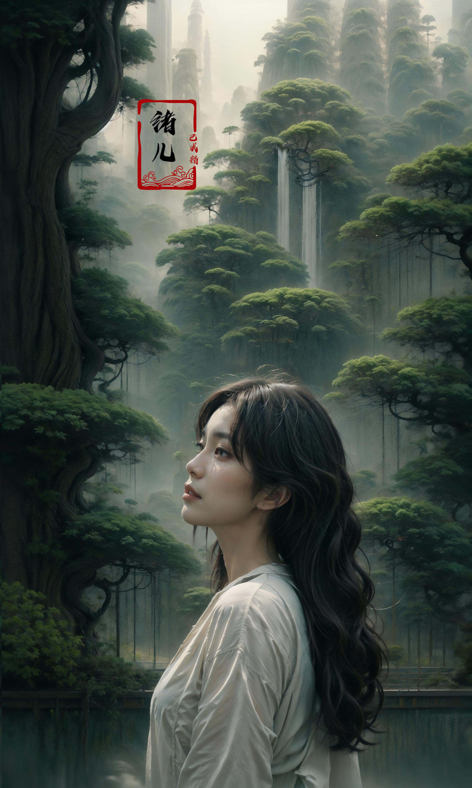 an painting in a style of oriental painting, in the style of matte painting, layered and atmospheric landscapes, rich and immersive, quiet contemplation, dark white and green, history painting, zen-inspired, grandeur of scale，highly detailed, dynamic, cinematic, stunning, realistic lighting and shading, vivid, vibrant, 8k,octane render, unreal engine, very detailed, concept art, realistic, Cry engine, wide shot，1 girl，very long hair，white hair，(upper body:1.0)，<lora:绪儿-松pine:0.9>