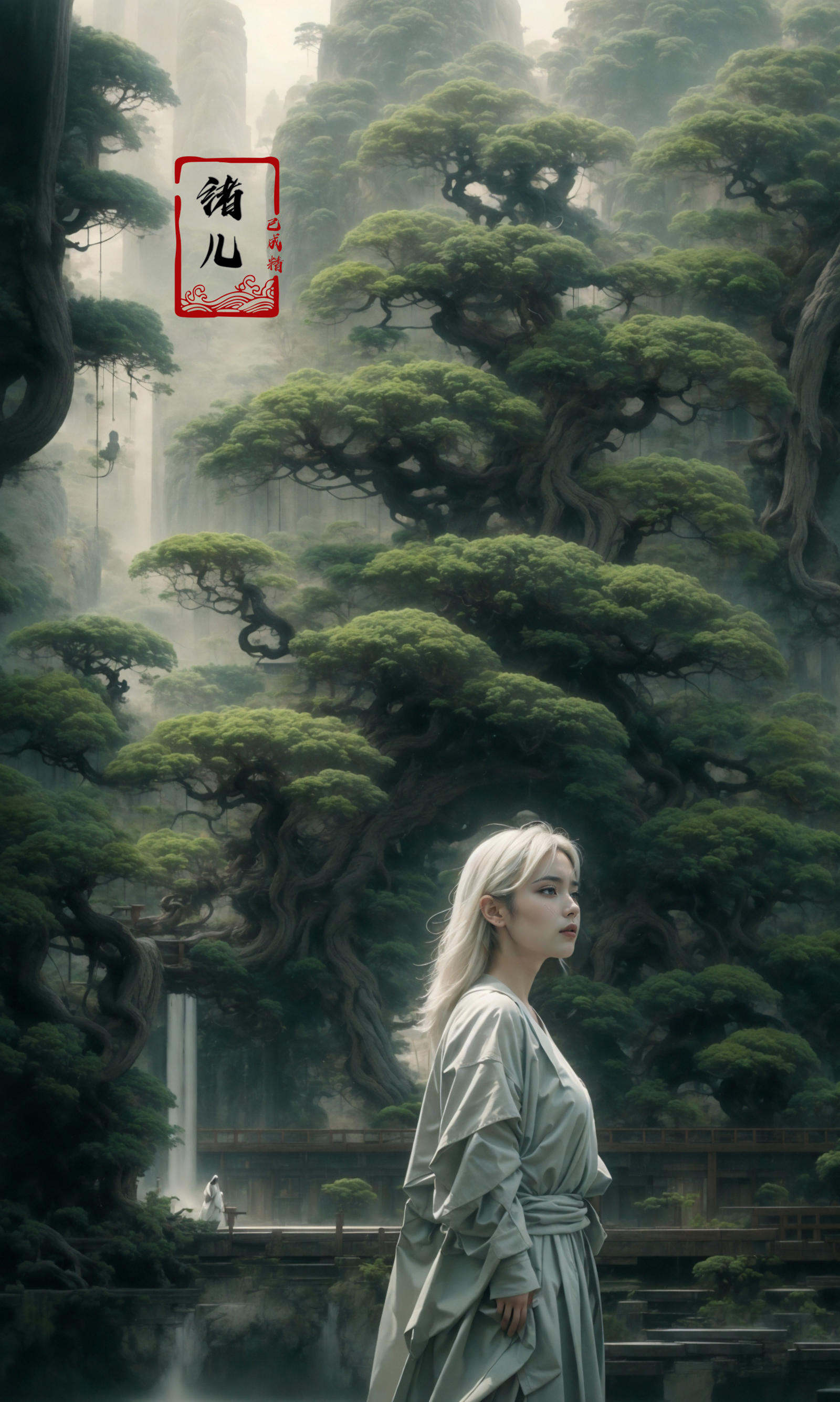 an painting in a style of oriental painting, in the style of matte painting, layered and atmospheric landscapes, rich and immersive, quiet contemplation, dark white and green, history painting, zen-inspired, grandeur of scale，highly detailed, dynamic, cinematic, stunning, realistic lighting and shading, vivid, vibrant, 8k,octane render, unreal engine, very detailed, concept art, realistic, Cry engine, wide shot，1 girl，very long hair，white hair，(upper body:1.0)，<lora:绪儿-松pine:0.9>