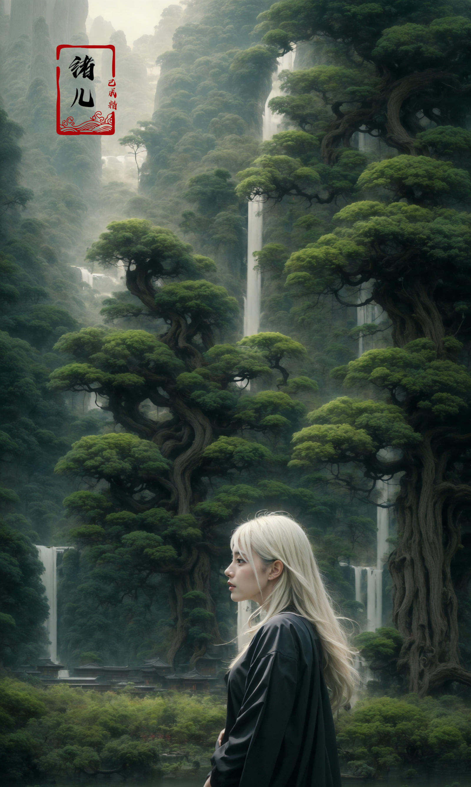 an painting in a style of oriental painting, in the style of matte painting, layered and atmospheric landscapes, rich and immersive, quiet contemplation, dark white and green, history painting, zen-inspired, grandeur of scale，highly detailed, dynamic, cinematic, stunning, realistic lighting and shading, vivid, vibrant, 8k,octane render, unreal engine, very detailed, concept art, realistic, Cry engine, wide shot，1 girl，very long hair，white hair，(upper body:1.0)，<lora:绪儿-松pine:0.9>