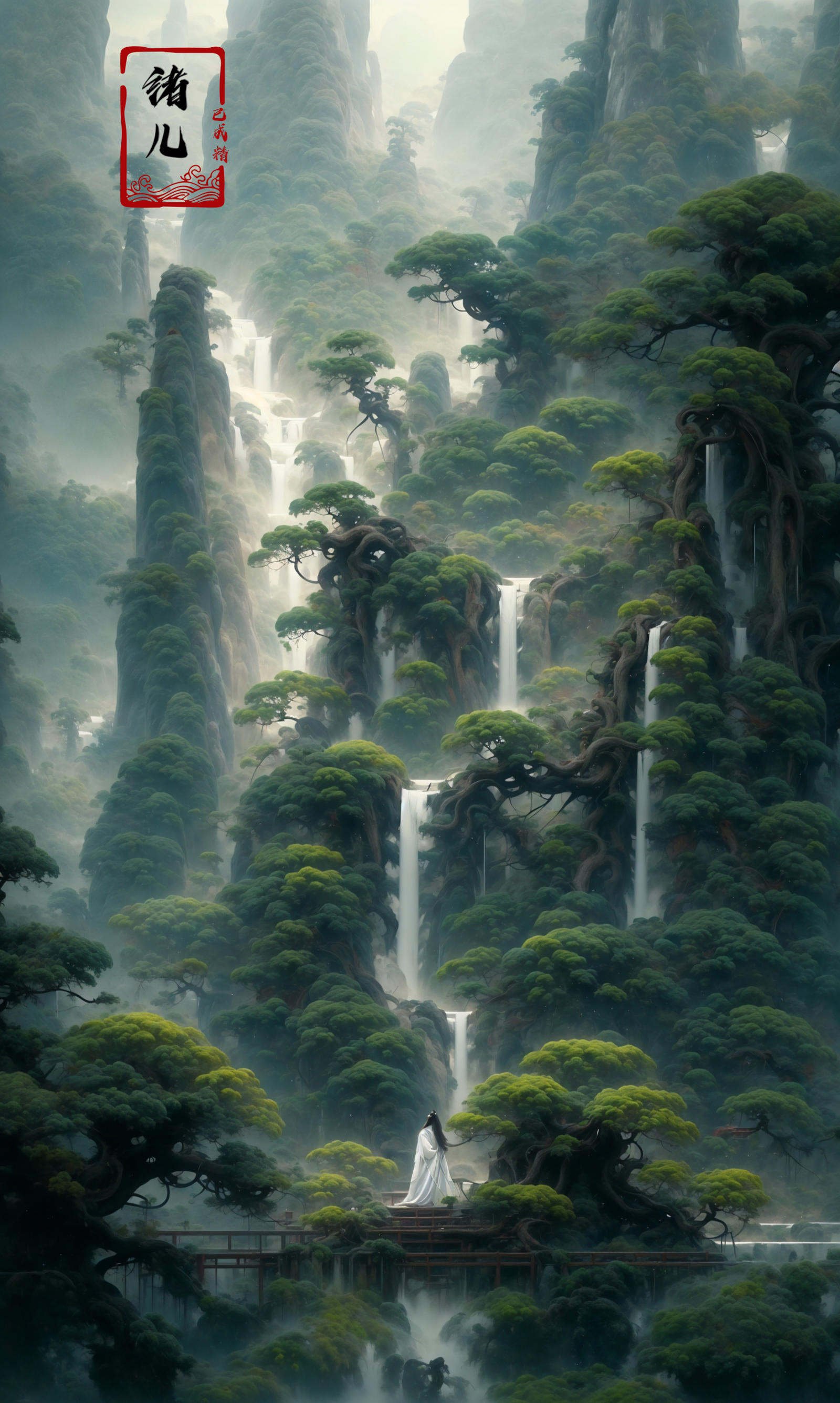 an painting in a style of oriental painting, in the style of matte painting, layered and atmospheric landscapes, rich and immersive, quiet contemplation, dark white and green, history painting, zen-inspired, grandeur of scale，highly detailed, dynamic, cinematic, stunning, realistic lighting and shading, vivid, vibrant, 8k,octane render, unreal engine, very detailed, concept art, realistic, Cry engine, wide shot，1 girl，very long hair，white hair，(upper body:1.0)，<lora:绪儿-松pine:0.9>