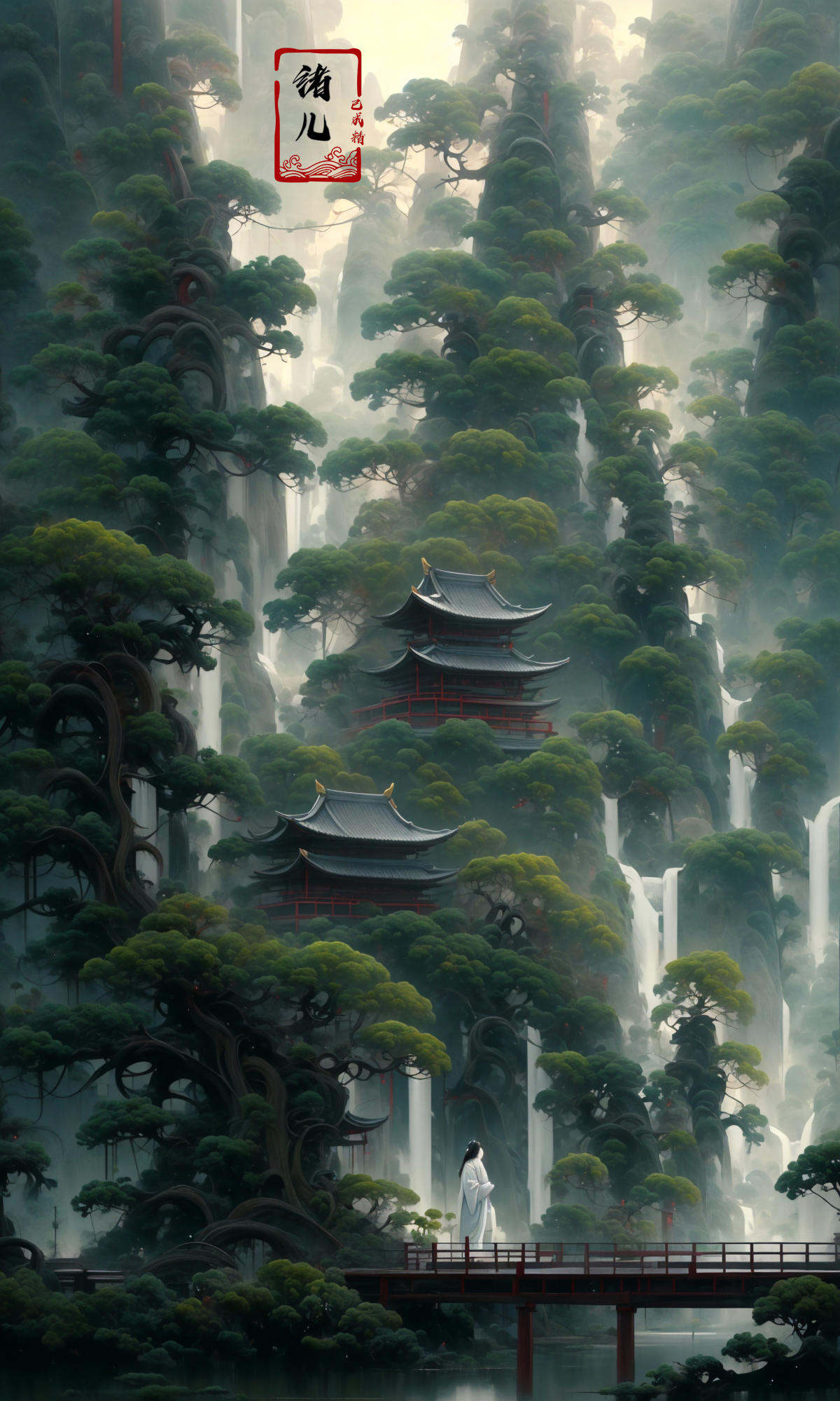 an painting in a style of oriental painting, in the style of matte painting, layered and atmospheric landscapes, rich and immersive, quiet contemplation, dark white and green, history painting, zen-inspired, grandeur of scale，highly detailed, dynamic, cinematic, stunning, realistic lighting and shading, vivid, vibrant, 8k,octane render, unreal engine, very detailed, concept art, realistic, Cry engine, wide shot，very long hair，white hair，east asian architecture，building，pagoda，scenery，pine，tree，outdoors，bridge，water，reflection，fog，boat，pond，moss，<lora:绪儿-松pine:1>