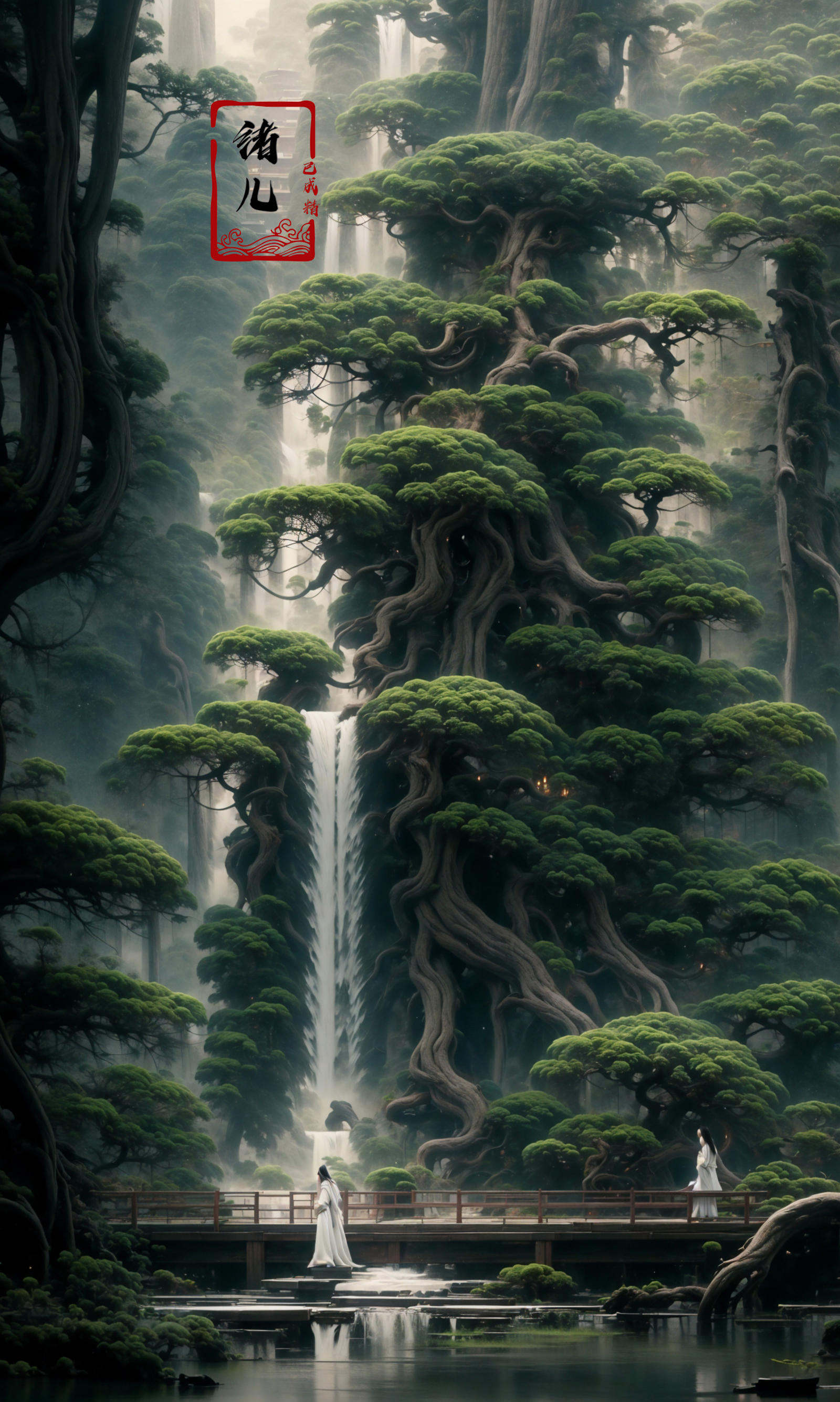 an painting in a style of oriental painting, in the style of matte painting, layered and atmospheric landscapes, rich and immersive, quiet contemplation, dark white and green, history painting, zen-inspired, grandeur of scale，highly detailed, dynamic, cinematic, stunning, realistic lighting and shading, vivid, vibrant, 8k,octane render, unreal engine, very detailed, concept art, realistic, Cry engine, wide shot，1 girl，very long hair，white hair，(upper body:1.0)，<lora:绪儿-松pine:0.9>