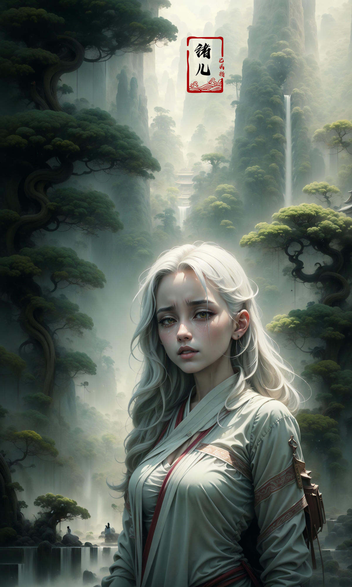 an painting in a style of oriental painting, in the style of matte painting, layered and atmospheric landscapes, rich and immersive, quiet contemplation, dark white and green, history painting, zen-inspired, grandeur of scale，highly detailed, dynamic, cinematic, stunning, realistic lighting and shading, vivid, vibrant, 8k,octane render, unreal engine, very detailed, concept art, realistic, Cry engine, wide shot，2girl，very long hair，white hair，(upper body:1.5)，<lora:绪儿-松pine:0.9>