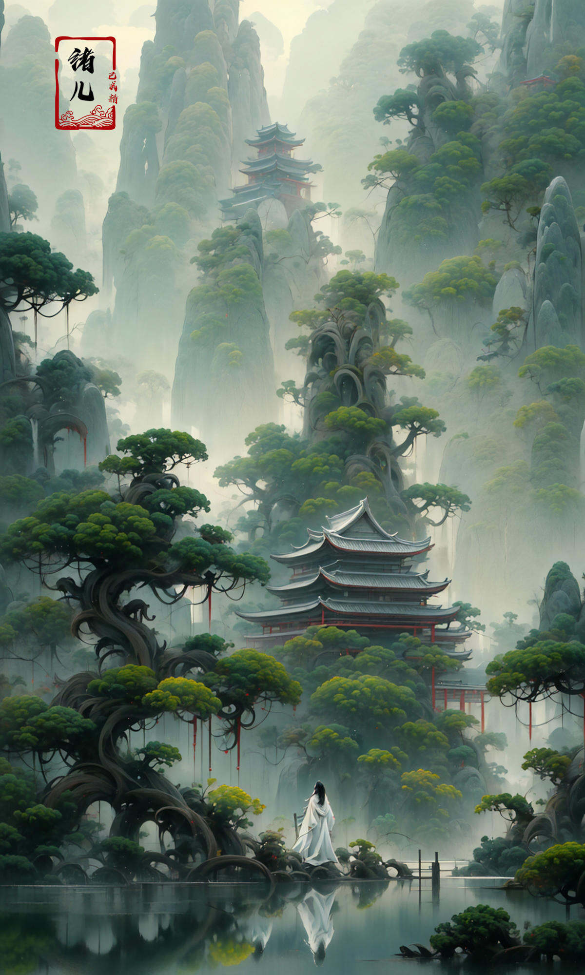 an painting in a style of oriental painting, in the style of matte painting, layered and atmospheric landscapes, rich and immersive, quiet contemplation, dark white and green, history painting, zen-inspired, grandeur of scale，highly detailed, dynamic, cinematic, stunning, realistic lighting and shading, vivid, vibrant, 8k,octane render, unreal engine, very detailed, concept art, realistic, Cry engine, wide shot，very long hair，white hair，east asian architecture，building，pagoda，scenery，pine，tree，outdoors，bridge，water，reflection，fog，boat，pond，moss，<lora:绪儿-松pine:0.9>