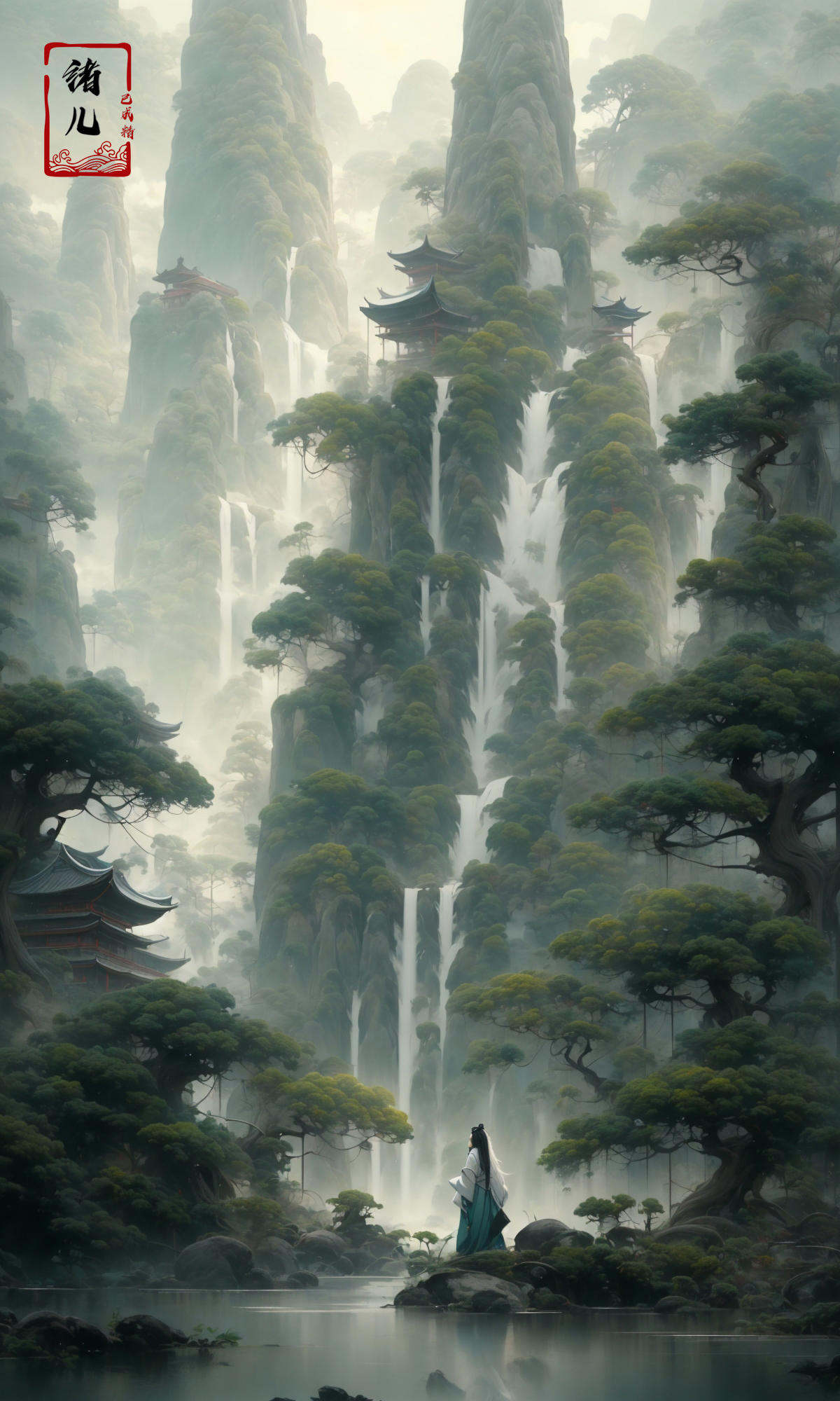 an painting in a style of oriental painting, in the style of matte painting, layered and atmospheric landscapes, rich and immersive, quiet contemplation, dark white and green, history painting, zen-inspired, grandeur of scale，highly detailed, dynamic, cinematic, stunning, realistic lighting and shading, vivid, vibrant, 8k,octane render, unreal engine, very detailed, concept art, realistic, Cry engine, wide shot，1 girl，very long hair，white hair，(upper body:1.0)，<lora:绪儿-松pine:0.9>
