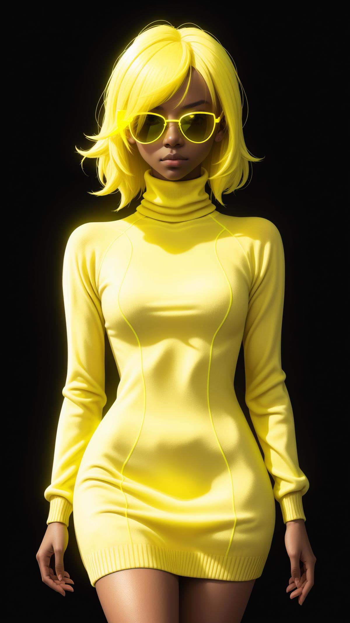 ((glowing neon yellow sunglasses)),  (glowing neon yellow turtleneck sweater dress),  glowing neon yellow hair on Tensor.Art