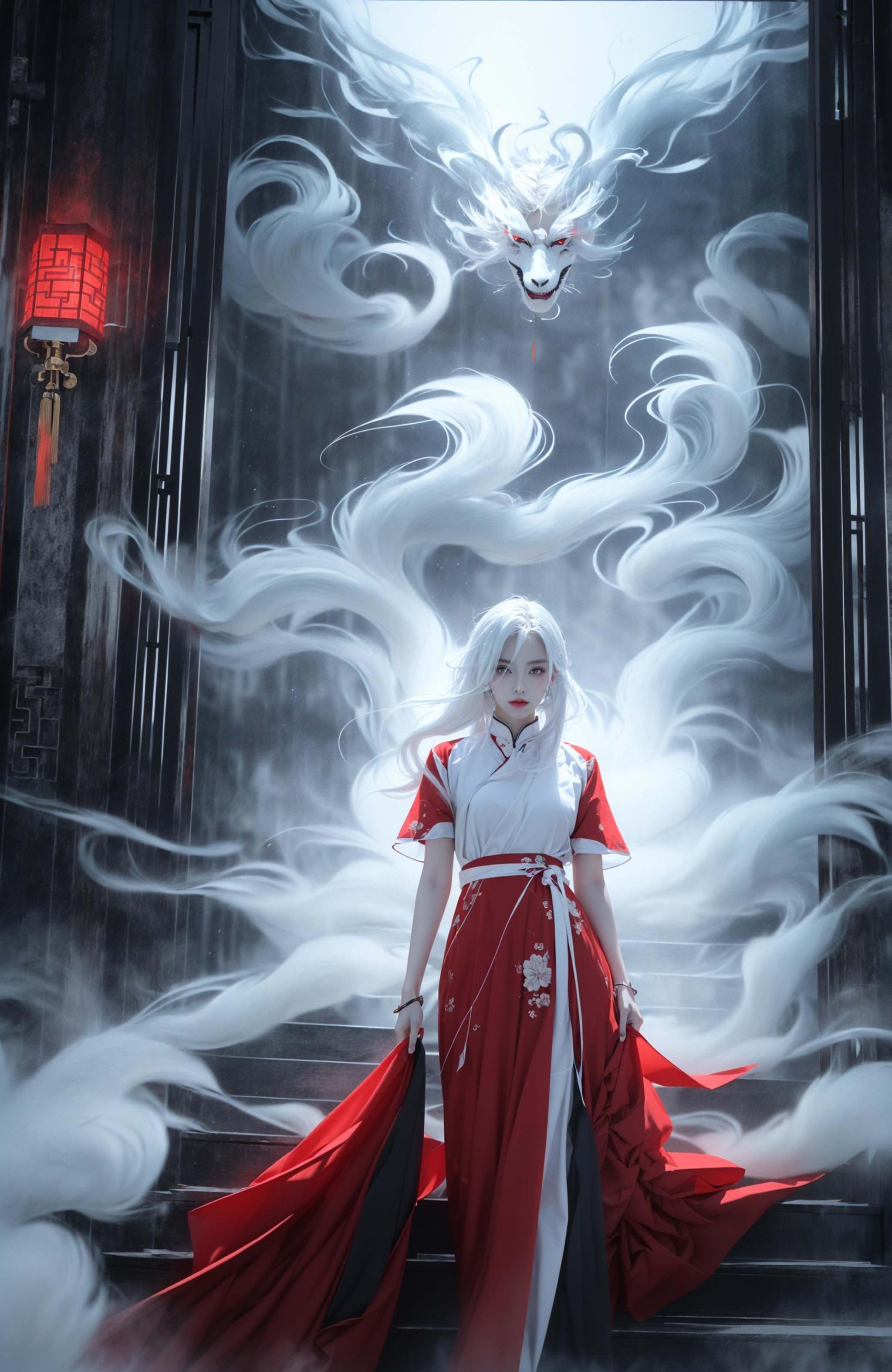 (dramatic, gritty, intense:1.4),masterpiece, best quality, 32K，insane details, intricate details, hyperdetailed, hyper quality, high detail, ultra detailed, Masterpiece, (full body:1.3),  Red eyes，(white hair:1.6)，an girl in a red dress is in front of white eyes, Unreal background, smoke and mist, like something coming out. Chinese Taoist ghost legend，horror-inspired, Chinese Horror，dollcore, dark violet and light blue, contrast between light and dark，photo-realistic hyperbole, japonism influenced pieces, cryptidcore，Junji Ito, miho hirano, ilya kuvshinov, Yimou Zhang, Thick paintings, oil paintings, ink drawings，cinematic textures, top view, extreme close-ups, REALISTIC 3D, ULTRA DETAILED. Blender, C4D, high detail, high resolution,A shot with tension，(sky glows red,Visual impact,giving the poster a dynamic and visually striking appearance:1.2),Chinese Zen style,impactful picture,<lora:绪儿-红衣女鬼:0.8>