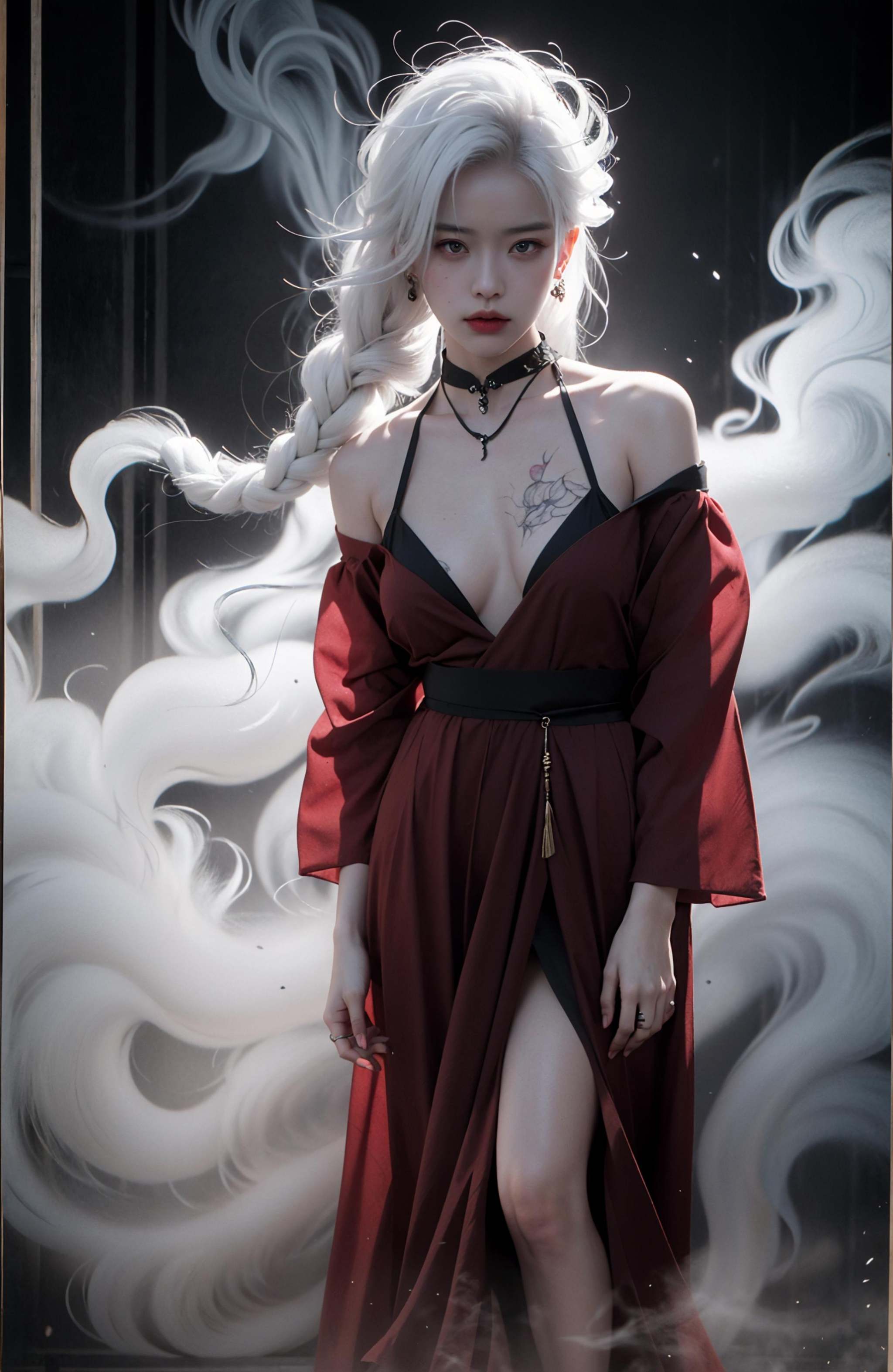 (dramatic, gritty, intense:1.4),masterpiece, best quality, 32K，insane details, intricate details, hyperdetailed, hyper quality, high detail, ultra detailed, Masterpiece, (full body:1.5),  Red eyes，(white hair:1.6)，(braid:1.3)，(exposed shoulders:1.2)，an girl in a red dress is in front of white eyes, Unreal background, smoke and mist, like something coming out. Chinese Taoist ghost legend，horror-inspired, Chinese Horror，dollcore, dark violet and light blue, contrast between light and dark，photo-realistic hyperbole, japonism influenced pieces, cryptidcore，Junji Ito, miho hirano, ilya kuvshinov, Yimou Zhang, Thick paintings, oil paintings, ink drawings，cinematic textures, top view, extreme close-ups, REALISTIC 3D, ULTRA DETAILED. Blender, C4D, high detail, high resolution,A shot with tension，(sky glows red,Visual impact,giving the poster a dynamic and visually striking appearance:1.2),Chinese Zen style,impactful picture,<lora:绪儿-红衣女鬼:0.8>