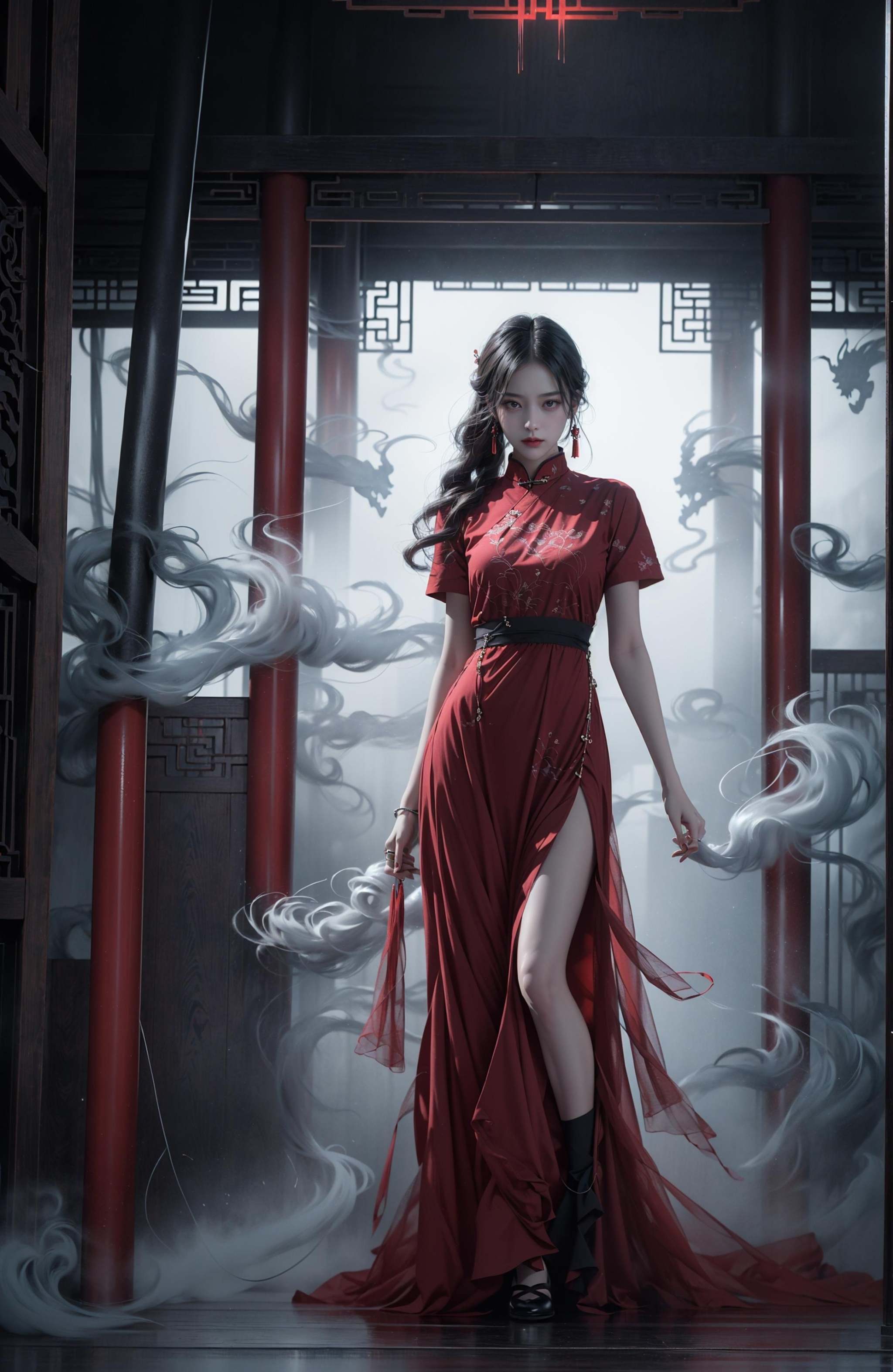 (dramatic, gritty, intense:1.4),masterpiece, best quality, 32K，insane details, intricate details, hyperdetailed, hyper quality, high detail, ultra detailed, Masterpiece, (full body:1.5),  Red eyes，an girl in a red dress is in front of white eyes, Unreal background, smoke and mist, like something coming out. Chinese Taoist ghost legend，horror-inspired, Chinese Horror，dollcore, dark violet and light blue, contrast between light and dark，photo-realistic hyperbole, japonism influenced pieces, cryptidcore，Junji Ito, miho hirano, ilya kuvshinov, Yimou Zhang, Thick paintings, oil paintings, ink drawings，cinematic textures, top view, extreme close-ups, REALISTIC 3D, ULTRA DETAILED. Blender, C4D, high detail, high resolution,A shot with tension，(sky glows red,Visual impact,giving the poster a dynamic and visually striking appearance:1.2),Chinese Zen style,impactful picture,<lora:绪儿-红衣女鬼:0.8>