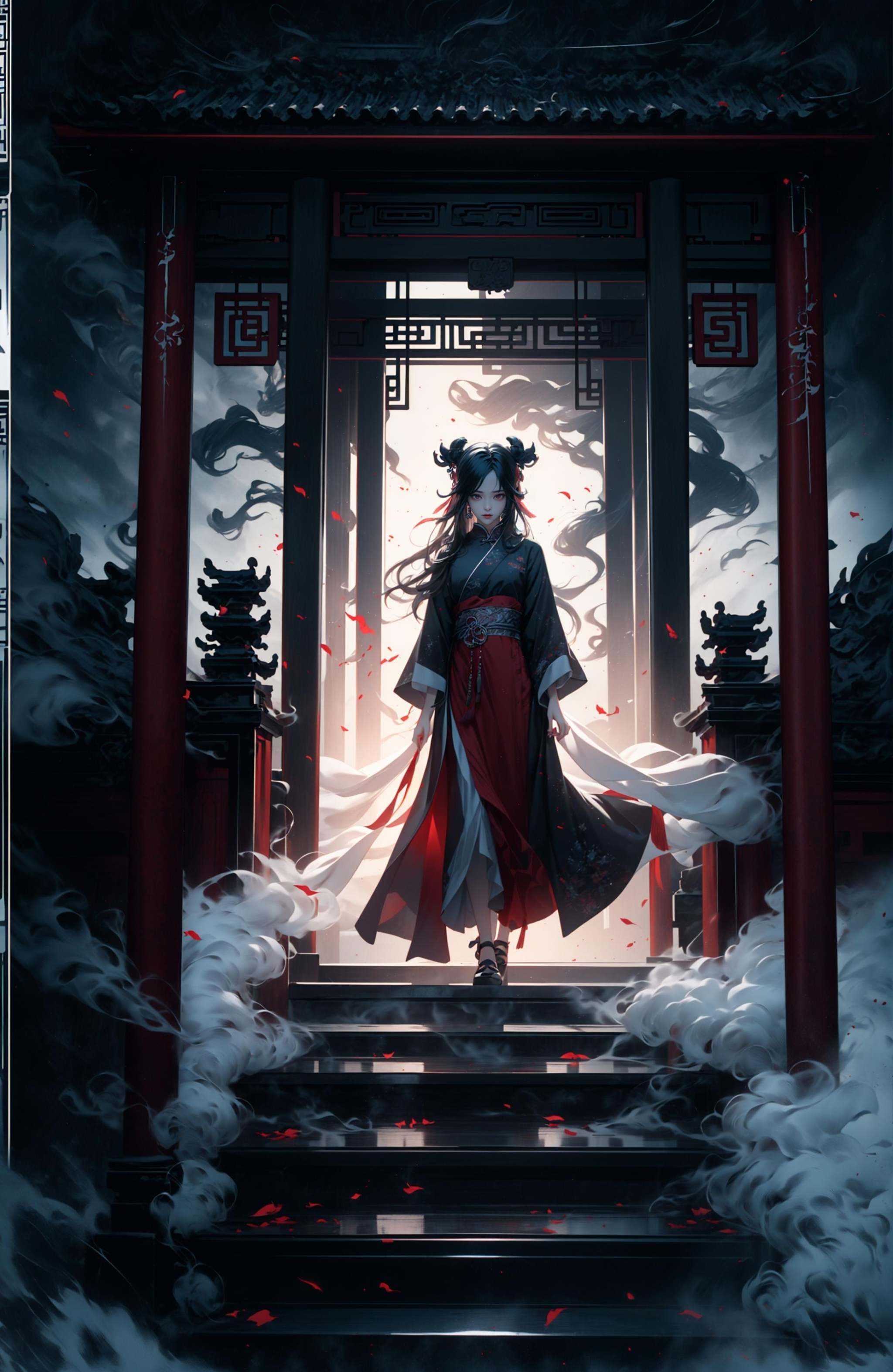(dramatic, gritty, intense:1.4),masterpiece, best quality, 32K，insane details, intricate details, hyperdetailed, hyper quality, high detail, ultra detailed, Masterpiece, (full body:1.5), smoke,an girl in a red dress is in front of white eyes, Unreal background, smoke and mist, like something coming out. Chinese Taoist ghost legend，horror-inspired, Chinese Horror，dollcore, dark violet and light blue, contrast between light and dark，photo-realistic hyperbole, japonism influenced pieces, cryptidcore，Junji Ito, miho hirano, ilya kuvshinov, Yimou Zhang, Thick paintings, oil paintings, ink drawings，cinematic textures, top view, extreme close-ups, REALISTIC 3D, ULTRA DETAILED. Blender, C4D, high detail, high resolution, <lora:绪儿-红衣女鬼:0.8> <lora:Seraphim-LOHA:0.7>
