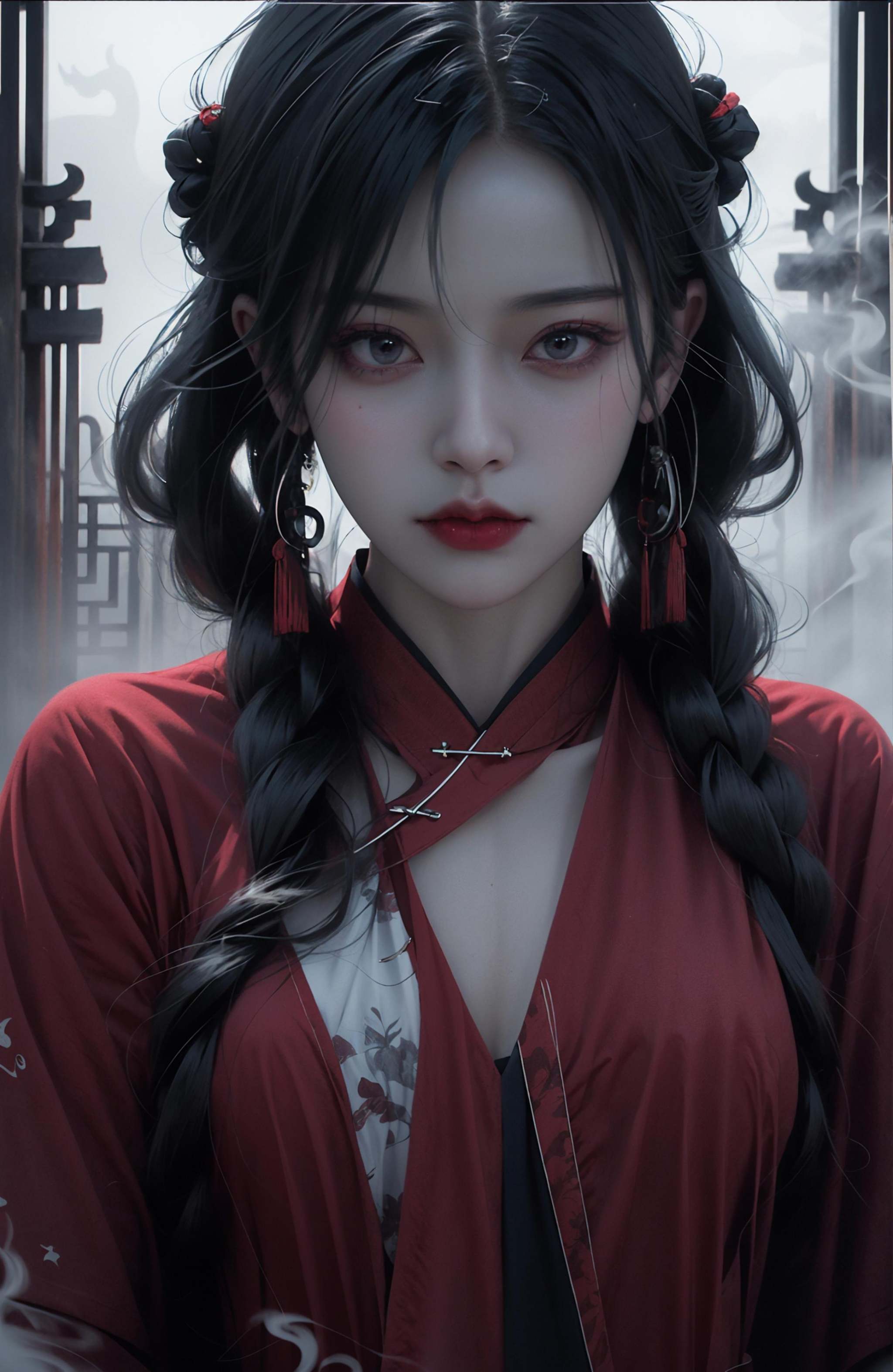 (dramatic, gritty, intense:1.4),masterpiece, best quality, 32K，insane details, intricate details, hyperdetailed, hyper quality, high detail, ultra detailed, Masterpiece, (full body:1.5),  Red eyes，an girl in a red dress is in front of white eyes, Unreal background, smoke and mist, like something coming out. Chinese Taoist ghost legend，horror-inspired, Chinese Horror，dollcore, dark violet and light blue, contrast between light and dark，photo-realistic hyperbole, japonism influenced pieces, cryptidcore，Junji Ito, miho hirano, ilya kuvshinov, Yimou Zhang, Thick paintings, oil paintings, ink drawings，cinematic textures, top view, extreme close-ups, REALISTIC 3D, ULTRA DETAILED. Blender, C4D, high detail, high resolution,A shot with tension，(sky glows red,Visual impact,giving the poster a dynamic and visually striking appearance:1.2),Chinese Zen style,impactful picture,<lora:绪儿-红衣女鬼:0.8>