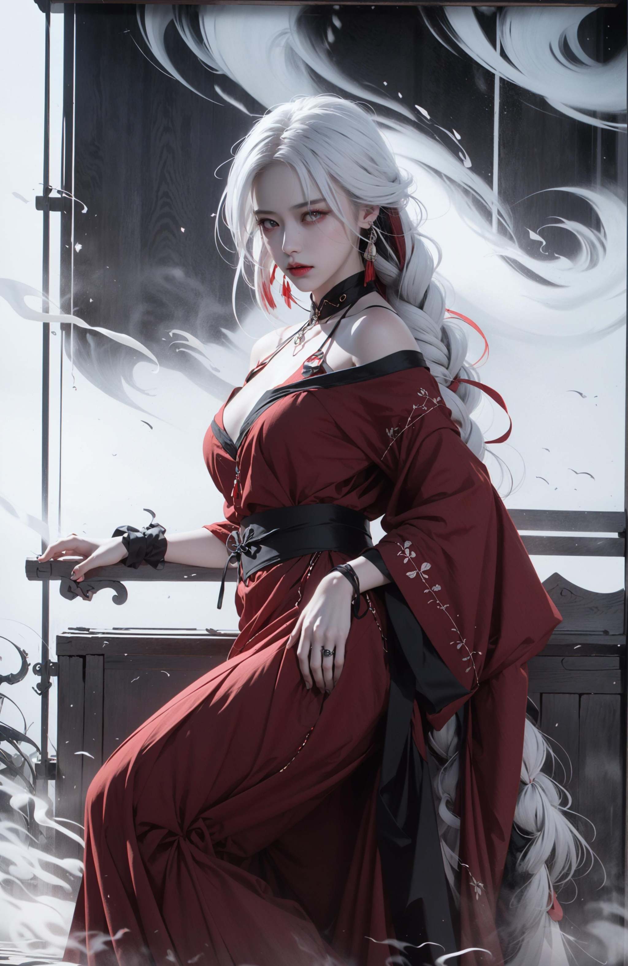 (dramatic, gritty, intense:1.4),masterpiece, best quality, 32K，insane details, intricate details, hyperdetailed, hyper quality, high detail, ultra detailed, Masterpiece, (full body:1.4),  Red eyes，(white hair:1.6)，(braid:1.3)，(exposed shoulders:1.2)，an girl in a red dress is in front of white eyes, Unreal background, smoke and mist, like something coming out. Chinese Taoist ghost legend，horror-inspired, Chinese Horror，dollcore, dark violet and light blue, contrast between light and dark，photo-realistic hyperbole, japonism influenced pieces, cryptidcore，Junji Ito, miho hirano, ilya kuvshinov, Yimou Zhang, Thick paintings, oil paintings, ink drawings，cinematic textures, top view, extreme close-ups, REALISTIC 3D, ULTRA DETAILED. Blender, C4D, high detail, high resolution,A shot with tension，(sky glows red,Visual impact,giving the poster a dynamic and visually striking appearance:1.2),Chinese Zen style,impactful picture,<lora:绪儿-红衣女鬼:0.8>