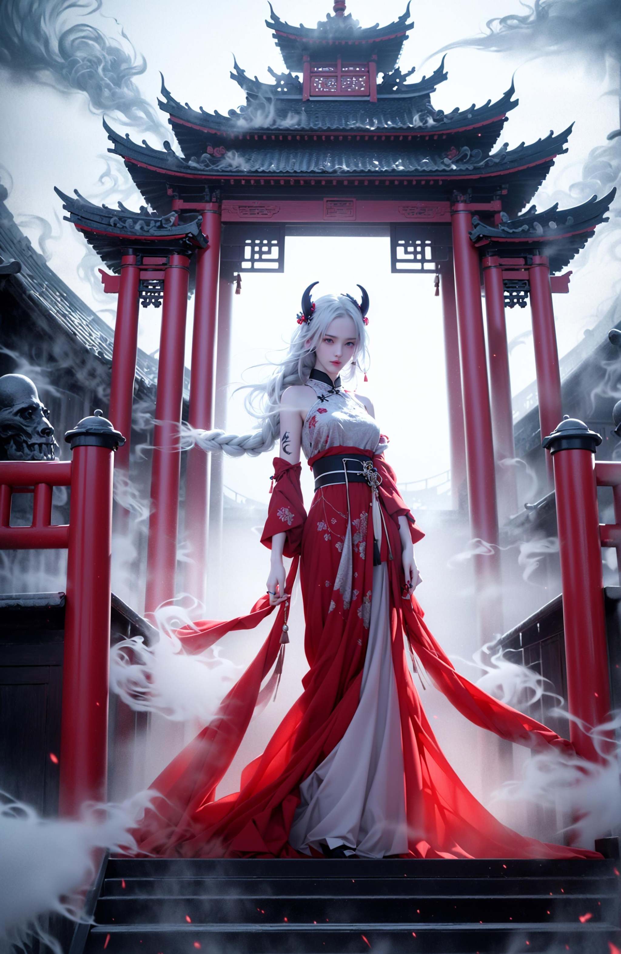 (dramatic, gritty, intense:1.4),masterpiece, best quality, 32K，insane details, intricate details, hyperdetailed, hyper quality, high detail, ultra detailed, Masterpiece, (full body:1.5),  Red eyes，(white hair:1.6)，(braid:1.3)，(exposed shoulders:1.2)，an girl in a red dress is in front of white eyes, Unreal background, smoke and mist, like something coming out. Chinese Taoist ghost legend，horror-inspired, Chinese Horror，dollcore, dark violet and light blue, contrast between light and dark，photo-realistic hyperbole, japonism influenced pieces, cryptidcore，Junji Ito, miho hirano, ilya kuvshinov, Yimou Zhang, Thick paintings, oil paintings, ink drawings，cinematic textures, top view, extreme close-ups, REALISTIC 3D, ULTRA DETAILED. Blender, C4D, high detail, high resolution,A shot with tension，(sky glows red,Visual impact,giving the poster a dynamic and visually striking appearance:1.2),Chinese Zen style,impactful picture,<lora:绪儿-红衣女鬼:0.9>