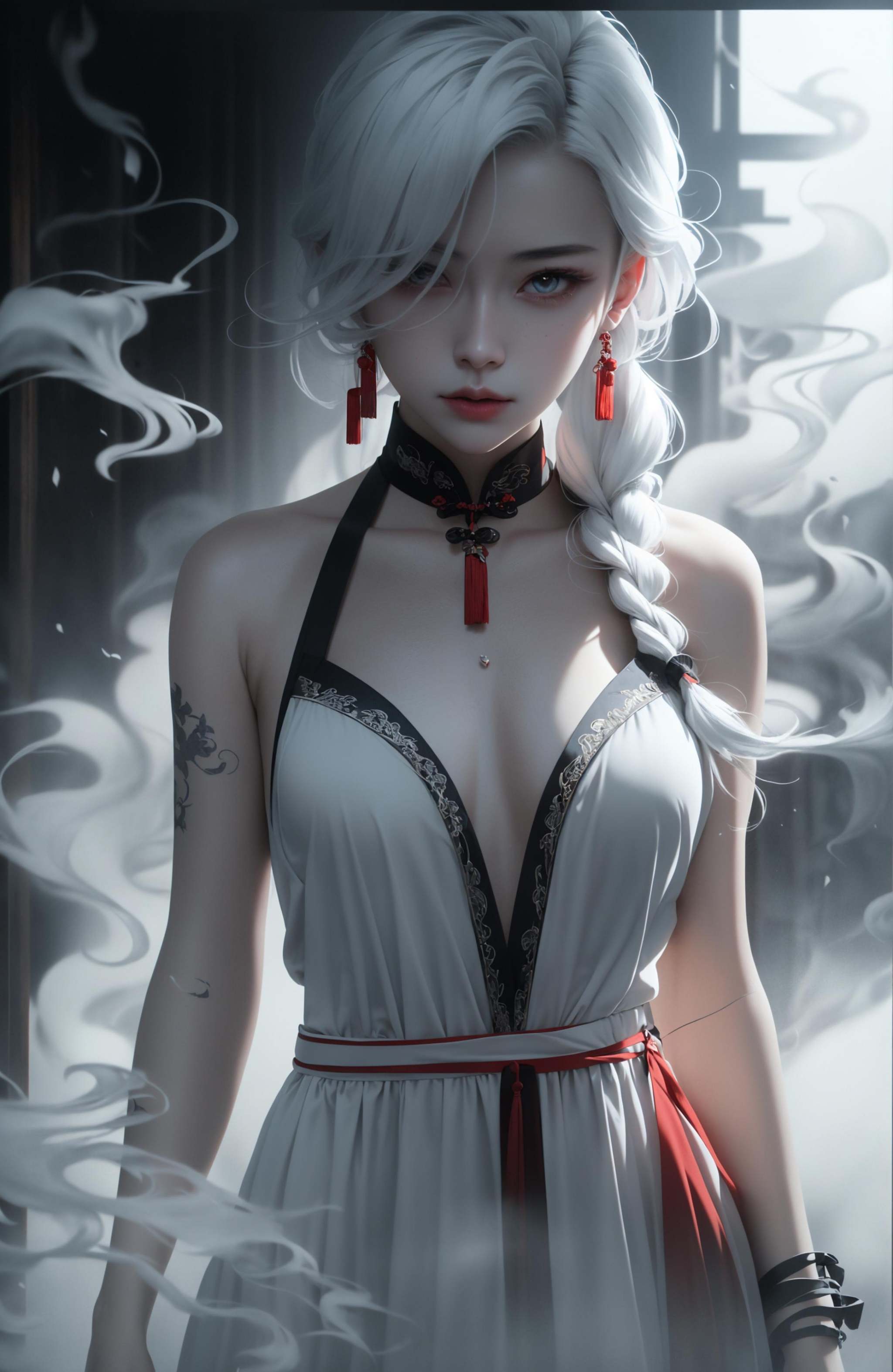 (dramatic, gritty, intense:1.4),masterpiece, best quality, 32K，insane details, intricate details, hyperdetailed, hyper quality, high detail, ultra detailed, Masterpiece, (full body:1.4),  Red eyes，(white hair:1.6)，(braid:1.3)，exposed collarbone, exposed shoulders，an girl in a red dress is in front of white eyes, Unreal background, smoke and mist, like something coming out. Chinese Taoist ghost legend，horror-inspired, Chinese Horror，dollcore, dark violet and light blue, contrast between light and dark，photo-realistic hyperbole, japonism influenced pieces, cryptidcore，Junji Ito, miho hirano, ilya kuvshinov, Yimou Zhang, Thick paintings, oil paintings, ink drawings，cinematic textures, top view, extreme close-ups, REALISTIC 3D, ULTRA DETAILED. Blender, C4D, high detail, high resolution,A shot with tension，(sky glows red,Visual impact,giving the poster a dynamic and visually striking appearance:1.2),Chinese Zen style,impactful picture,<lora:绪儿-红衣女鬼:0.8>