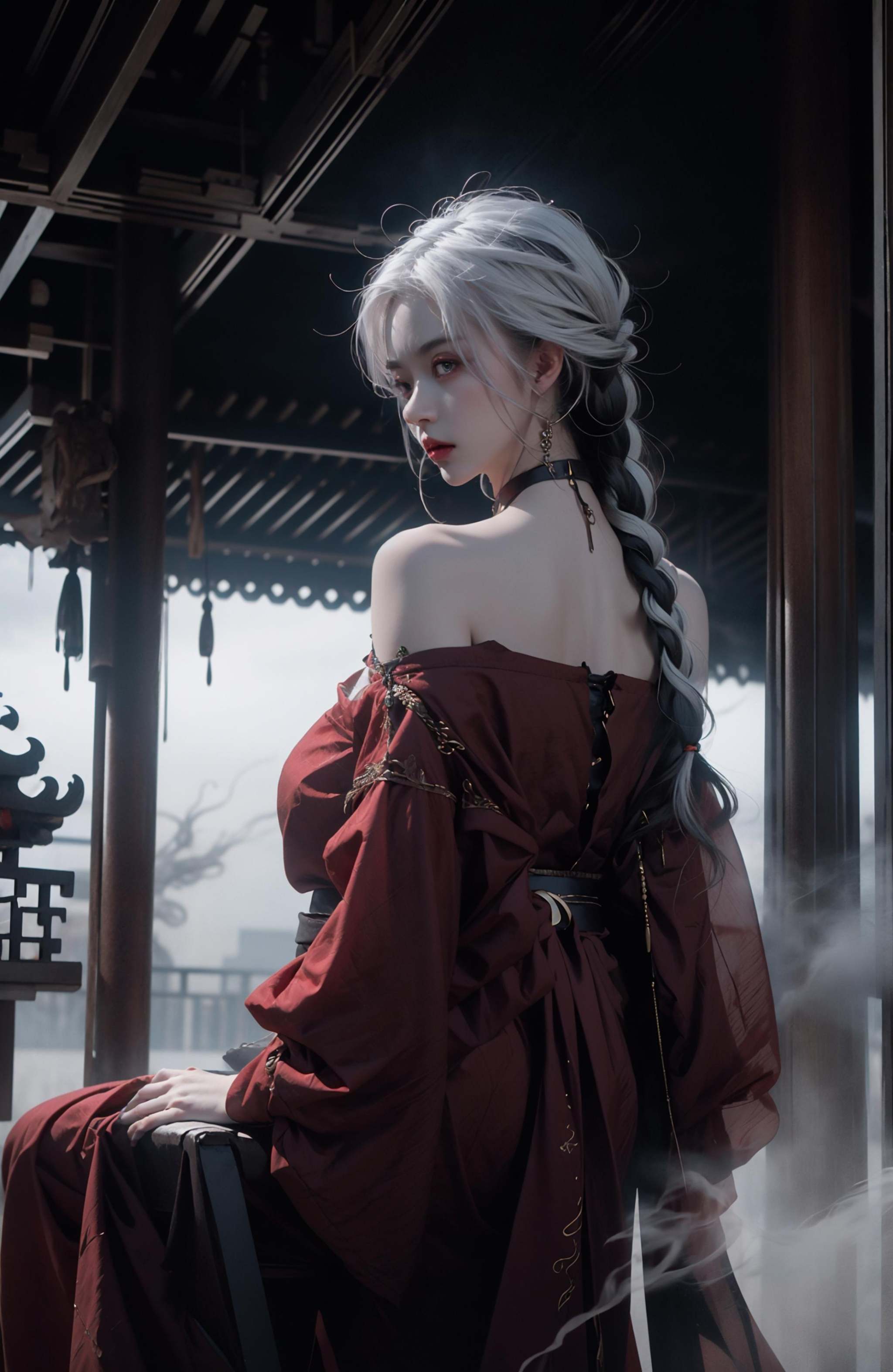 (dramatic, gritty, intense:1.4),masterpiece, best quality, 32K，insane details, intricate details, hyperdetailed, hyper quality, high detail, ultra detailed, Masterpiece, (full body:1.1),  Red eyes，(white hair:1.6)，(braid:1.3)，(exposed shoulders:1.2)，an girl in a red dress is in front of white eyes, Unreal background, smoke and mist, like something coming out. Chinese Taoist ghost legend，horror-inspired, Chinese Horror，dollcore, dark violet and light blue, contrast between light and dark，photo-realistic hyperbole, japonism influenced pieces, cryptidcore，Junji Ito, miho hirano, ilya kuvshinov, Yimou Zhang, Thick paintings, oil paintings, ink drawings，cinematic textures, top view, extreme close-ups, REALISTIC 3D, ULTRA DETAILED. Blender, C4D, high detail, high resolution,A shot with tension，(sky glows red,Visual impact,giving the poster a dynamic and visually striking appearance:1.2),Chinese Zen style,impactful picture,<lora:绪儿-红衣女鬼:0.8>