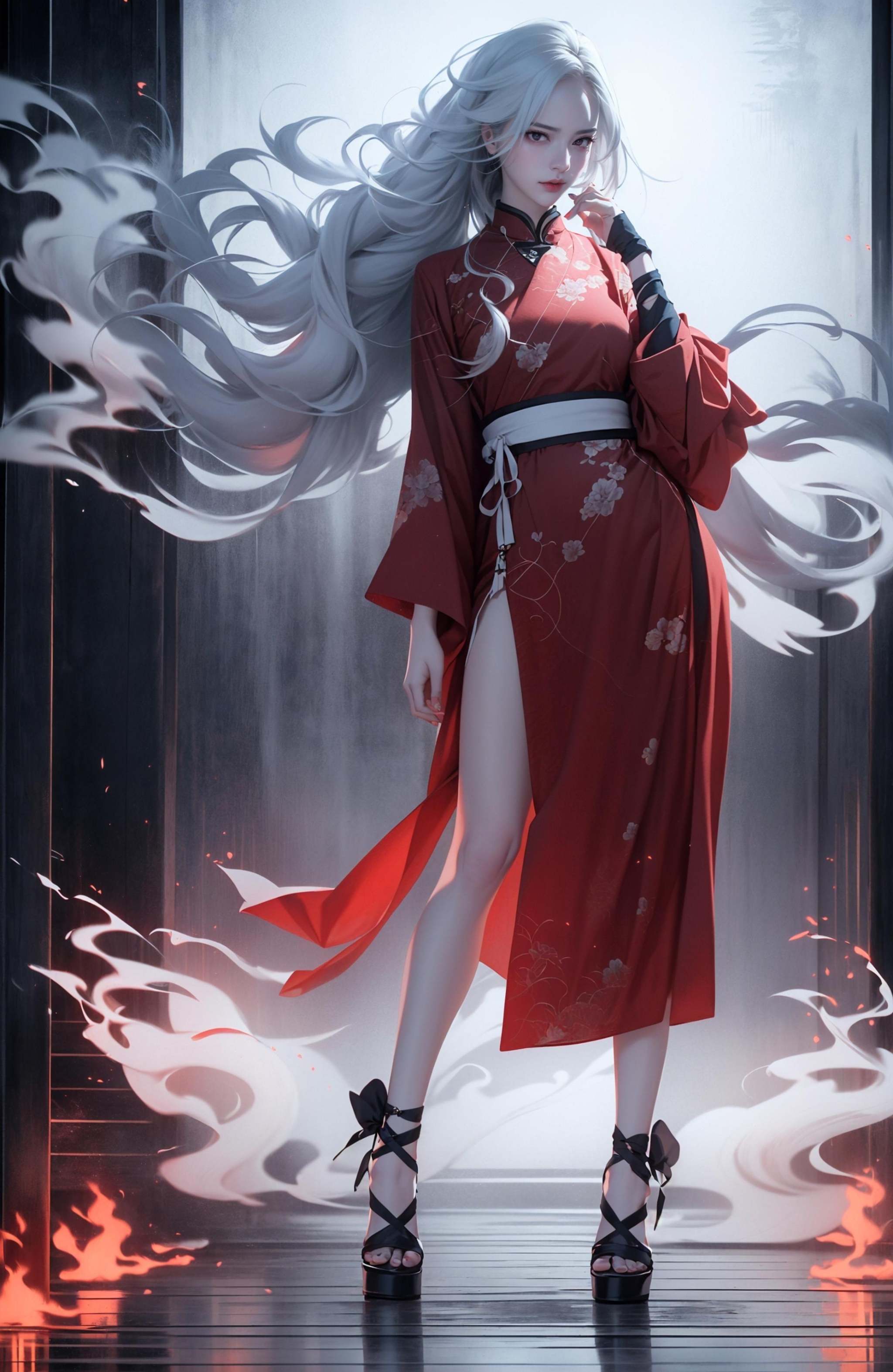 (dramatic, gritty, intense:1.4),masterpiece, best quality, 32K，insane details, intricate details, hyperdetailed, hyper quality, high detail, ultra detailed, Masterpiece, (full body:1.4),  Red eyes，(white hair:1.6)，(braid:1.3)，an girl in a red dress is in front of white eyes, Unreal background, smoke and mist, like something coming out. Chinese Taoist ghost legend，horror-inspired, Chinese Horror，dollcore, dark violet and light blue, contrast between light and dark，photo-realistic hyperbole, japonism influenced pieces, cryptidcore，Junji Ito, miho hirano, ilya kuvshinov, Yimou Zhang, Thick paintings, oil paintings, ink drawings，cinematic textures, top view, extreme close-ups, REALISTIC 3D, ULTRA DETAILED. Blender, C4D, high detail, high resolution,A shot with tension，(sky glows red,Visual impact,giving the poster a dynamic and visually striking appearance:1.2),Chinese Zen style,impactful picture,<lora:绪儿-红衣女鬼:0.8>