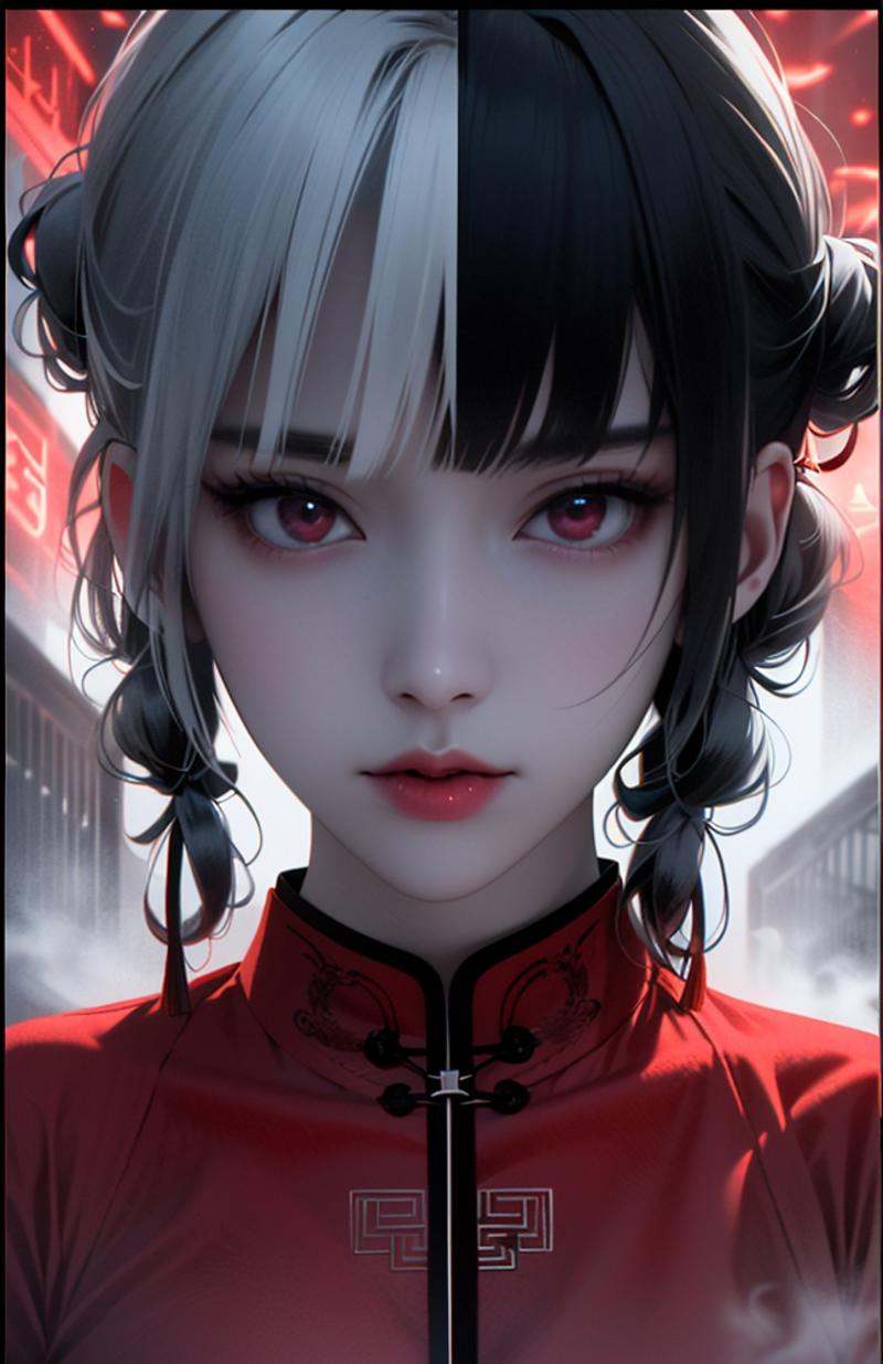 (dramatic, gritty, intense:1.4),masterpiece, best quality, 32K，insane details, intricate details, hyperdetailed, hyper quality, high detail, ultra detailed, Masterpiece, (full body:1.4),  Red eyes，(white hair:1.6)，(braid:1.3)，an girl in a red dress is in front of white eyes, Unreal background, smoke and mist, like something coming out. Chinese Taoist ghost legend，horror-inspired, Chinese Horror，dollcore, dark violet and light blue, contrast between light and dark，photo-realistic hyperbole, japonism influenced pieces, cryptidcore，Junji Ito, miho hirano, ilya kuvshinov, Yimou Zhang, Thick paintings, oil paintings, ink drawings，cinematic textures, top view, extreme close-ups, REALISTIC 3D, ULTRA DETAILED. Blender, C4D, high detail, high resolution,  A shot with tension，(sky glows red,Visual impact,giving the poster a dynamic and visually striking appearance:1.2),Chinese Zen style,impactful picture,  <lora:绪儿-红衣女鬼:0.8>