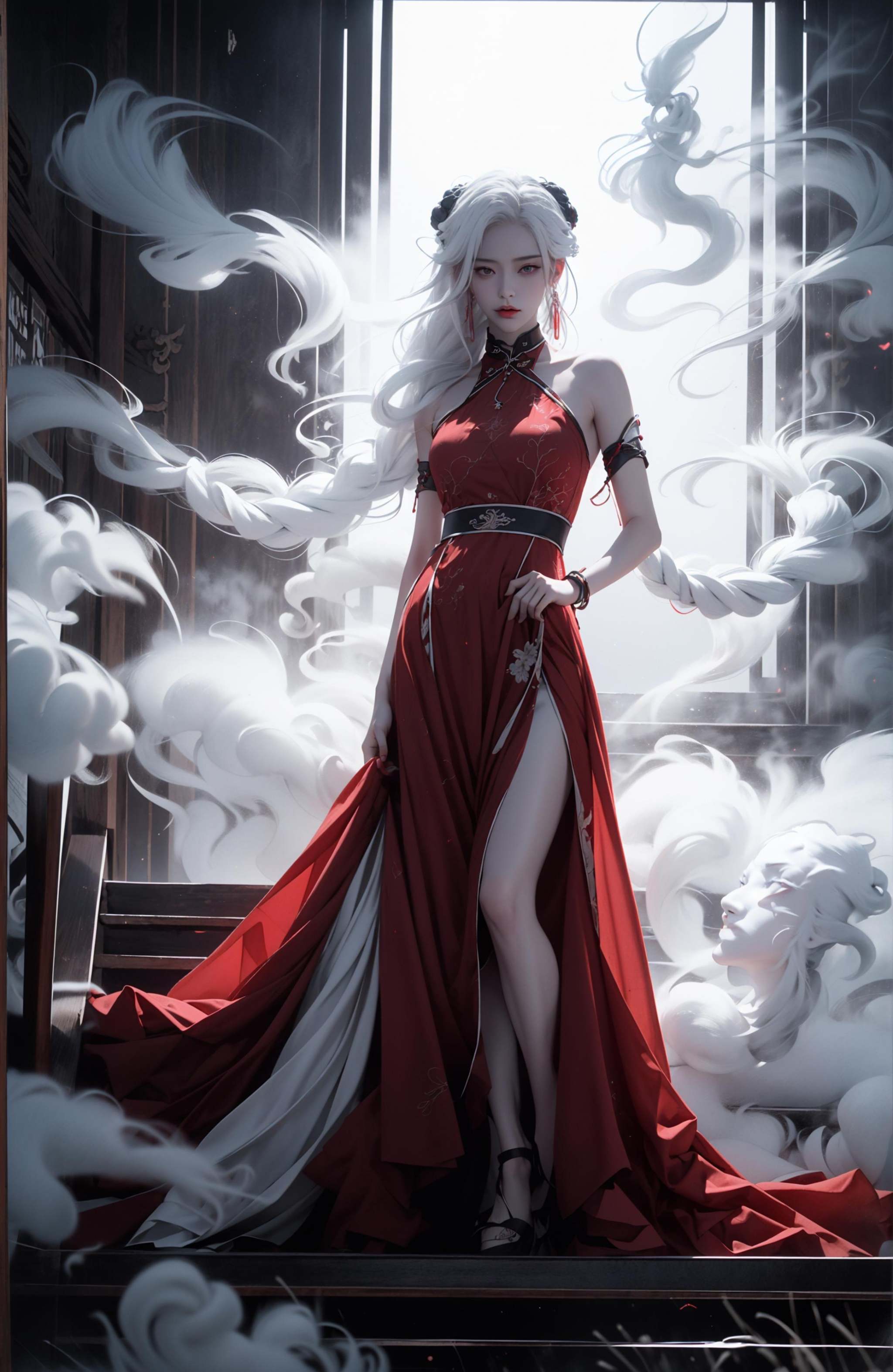 (dramatic, gritty, intense:1.4),masterpiece, best quality, 32K，insane details, intricate details, hyperdetailed, hyper quality, high detail, ultra detailed, Masterpiece, (full body:1.4),  Red eyes，(white hair:1.6)，(braid:1.3)，(exposed shoulders:1.2)，an girl in a red dress is in front of white eyes, Unreal background, smoke and mist, like something coming out. Chinese Taoist ghost legend，horror-inspired, Chinese Horror，dollcore, dark violet and light blue, contrast between light and dark，photo-realistic hyperbole, japonism influenced pieces, cryptidcore，Junji Ito, miho hirano, ilya kuvshinov, Yimou Zhang, Thick paintings, oil paintings, ink drawings，cinematic textures, top view, extreme close-ups, REALISTIC 3D, ULTRA DETAILED. Blender, C4D, high detail, high resolution,A shot with tension，(sky glows red,Visual impact,giving the poster a dynamic and visually striking appearance:1.2),Chinese Zen style,impactful picture,<lora:绪儿-红衣女鬼:0.8>
