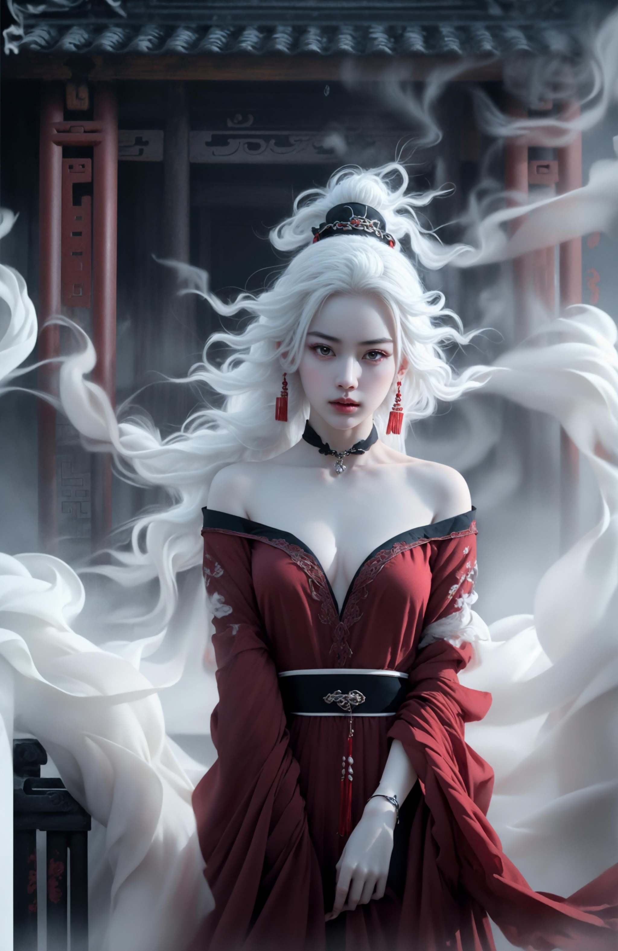 (dramatic, gritty, intense:1.4),masterpiece, best quality, 32K，insane details, intricate details, hyperdetailed, hyper quality, high detail, ultra detailed, Masterpiece, (full body:1.4),  Red eyes，(white hair:1.6)，(braid:1.3)，exposed collarbone, exposed shoulders，an girl in a red dress is in front of white eyes, Unreal background, smoke and mist, like something coming out. Chinese Taoist ghost legend，horror-inspired, Chinese Horror，dollcore, dark violet and light blue, contrast between light and dark，photo-realistic hyperbole, japonism influenced pieces, cryptidcore，Junji Ito, miho hirano, ilya kuvshinov, Yimou Zhang, Thick paintings, oil paintings, ink drawings，cinematic textures, top view, extreme close-ups, REALISTIC 3D, ULTRA DETAILED. Blender, C4D, high detail, high resolution,A shot with tension，(sky glows red,Visual impact,giving the poster a dynamic and visually striking appearance:1.2),Chinese Zen style,impactful picture,<lora:绪儿-红衣女鬼:0.8>