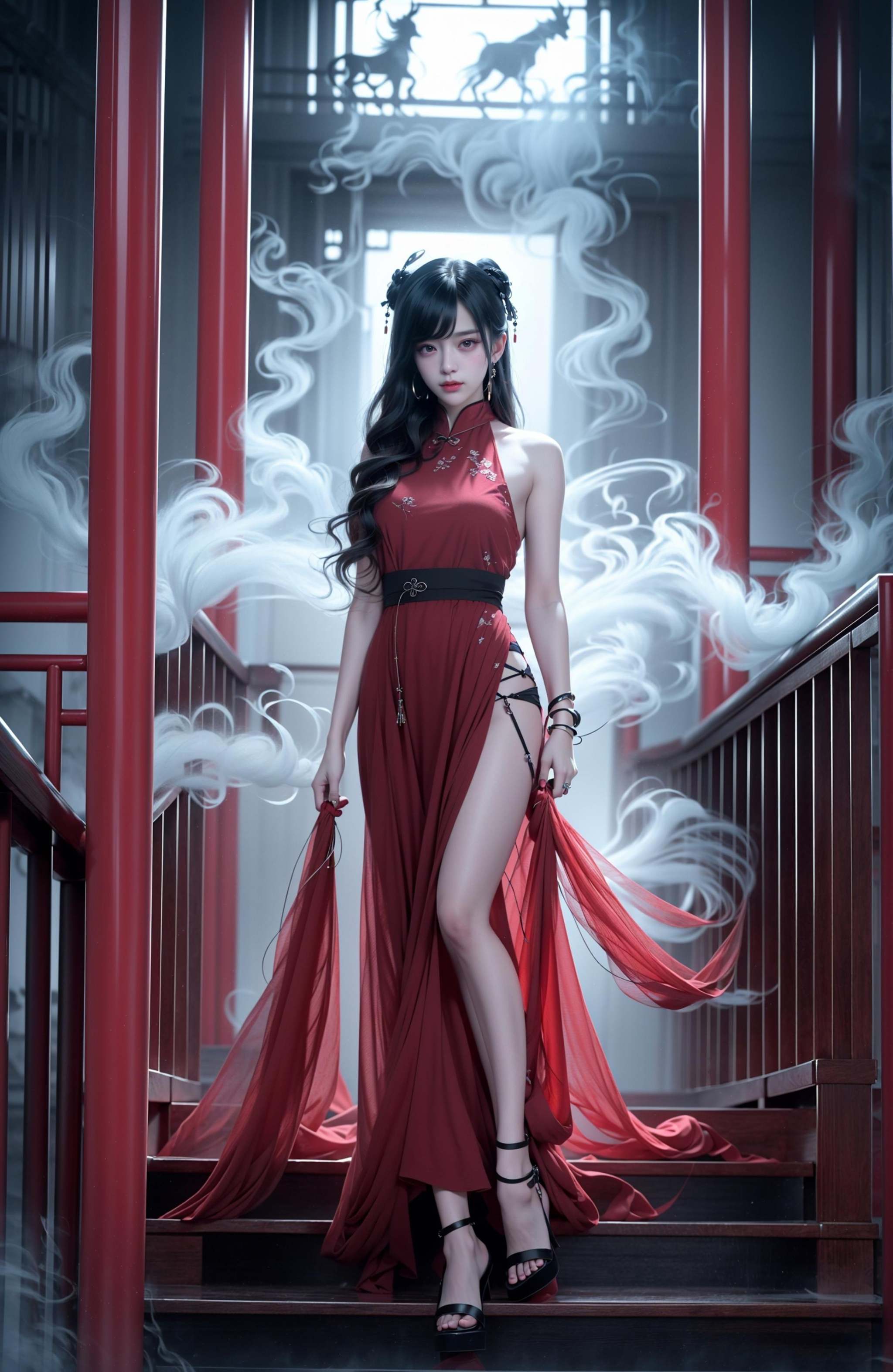 (dramatic, gritty, intense:1.4),masterpiece, best quality, 32K，insane details, intricate details, hyperdetailed, hyper quality, high detail, ultra detailed, Masterpiece, (full body:1.5), smoke, Red eyes，an girl in a red dress is in front of white eyes, Unreal background, smoke and mist, like something coming out. Chinese Taoist ghost legend，horror-inspired, Chinese Horror，dollcore, dark violet and light blue, contrast between light and dark，photo-realistic hyperbole, japonism influenced pieces, cryptidcore，Junji Ito, miho hirano, ilya kuvshinov, Yimou Zhang, Thick paintings, oil paintings, ink drawings，cinematic textures, top view, extreme close-ups, REALISTIC 3D, ULTRA DETAILED. Blender, C4D, high detail, high resolution, <lora:绪儿-红衣女鬼:0.8> <lora:Seraphim-LOHA:0.6>