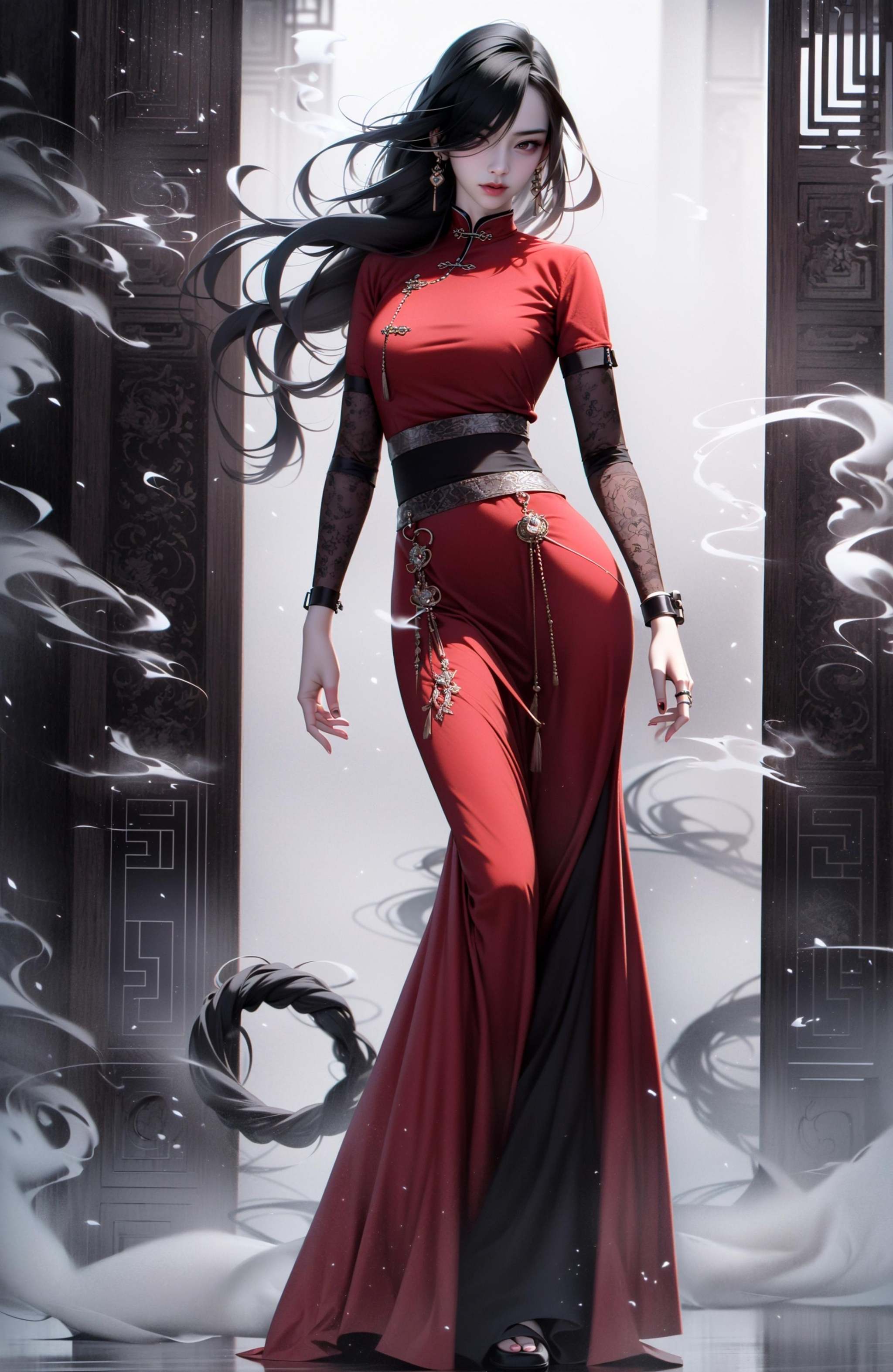 (dramatic, gritty, intense:1.4),masterpiece, best quality, 32K，insane details, intricate details, hyperdetailed, hyper quality, high detail, ultra detailed, Masterpiece, (full body:1.5),  Red eyes，an girl in a red dress is in front of white eyes, Unreal background, smoke and mist, like something coming out. Chinese Taoist ghost legend，horror-inspired, Chinese Horror，dollcore, dark violet and light blue, contrast between light and dark，photo-realistic hyperbole, japonism influenced pieces, cryptidcore，Junji Ito, miho hirano, ilya kuvshinov, Yimou Zhang, Thick paintings, oil paintings, ink drawings，cinematic textures, top view, extreme close-ups, REALISTIC 3D, ULTRA DETAILED. Blender, C4D, high detail, high resolution, <lora:绪儿-红衣女鬼:0.8>