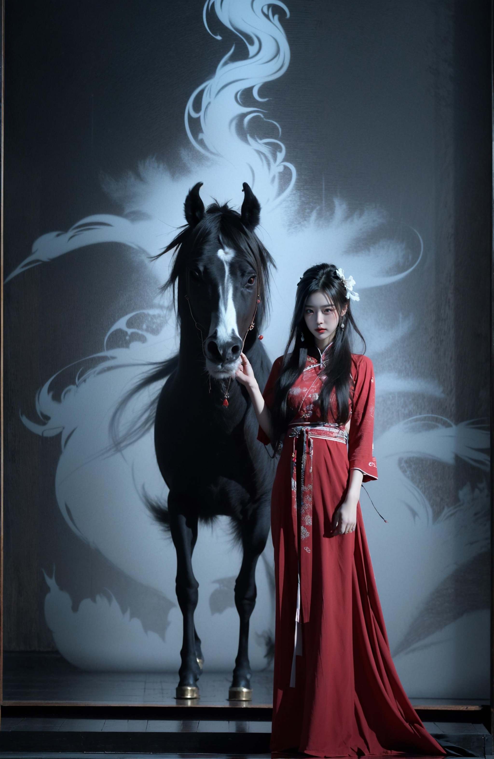 (dramatic, gritty, intense:1.4),masterpiece, best quality, 32K，insane details, intricate details, hyperdetailed, hyper quality, high detail, ultra detailed, Masterpiece, (full body:1.5),  Red eyes，an girl in a red dress is in front of white eyes, Unreal background, smoke and mist, like something coming out. Chinese Taoist ghost legend，horror-inspired, Chinese Horror，dollcore, dark violet and light blue, contrast between light and dark，photo-realistic hyperbole, japonism influenced pieces, cryptidcore，Junji Ito, miho hirano, ilya kuvshinov, Yimou Zhang, Thick paintings, oil paintings, ink drawings，cinematic textures, top view, extreme close-ups, REALISTIC 3D, ULTRA DETAILED. Blender, C4D, high detail, high resolution,A shot with tension，(sky glows red,Visual impact,giving the poster a dynamic and visually striking appearance:1.2),Chinese Zen style,impactful picture,<lora:绪儿-红衣女鬼:0.8>