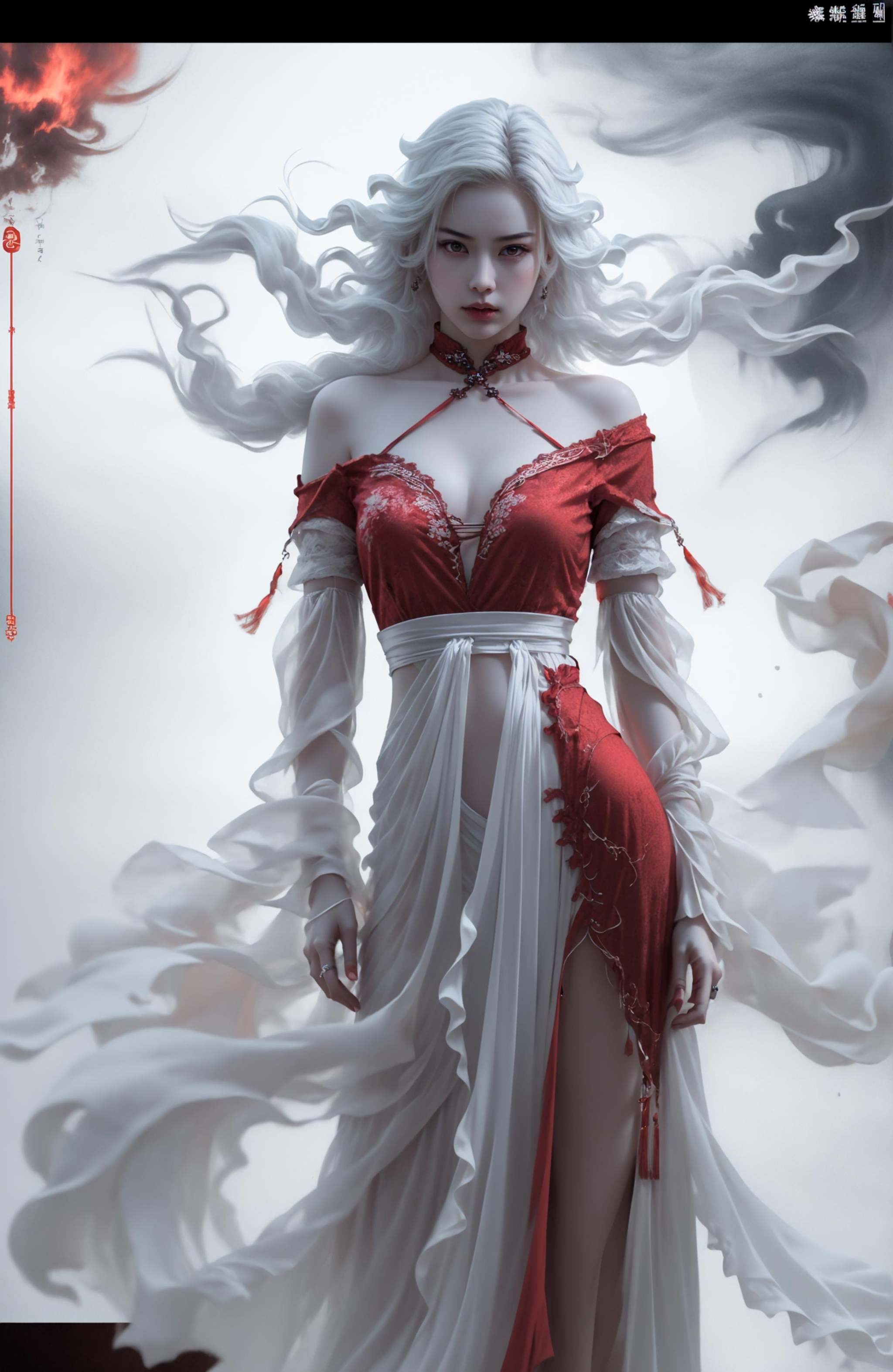 (dramatic, gritty, intense:1.4),masterpiece, best quality, 32K，insane details, intricate details, hyperdetailed, hyper quality, high detail, ultra detailed, Masterpiece, (full body:1.4),  Red eyes，(white hair:1.6)，(braid:1.3)，exposed collarbone, exposed shoulders，an girl in a red dress is in front of white eyes, Unreal background, smoke and mist, like something coming out. Chinese Taoist ghost legend，horror-inspired, Chinese Horror，dollcore, dark violet and light blue, contrast between light and dark，photo-realistic hyperbole, japonism influenced pieces, cryptidcore，Junji Ito, miho hirano, ilya kuvshinov, Yimou Zhang, Thick paintings, oil paintings, ink drawings，cinematic textures, top view, extreme close-ups, REALISTIC 3D, ULTRA DETAILED. Blender, C4D, high detail, high resolution,A shot with tension，(sky glows red,Visual impact,giving the poster a dynamic and visually striking appearance:1.2),Chinese Zen style,impactful picture,<lora:绪儿-红衣女鬼:0.8>