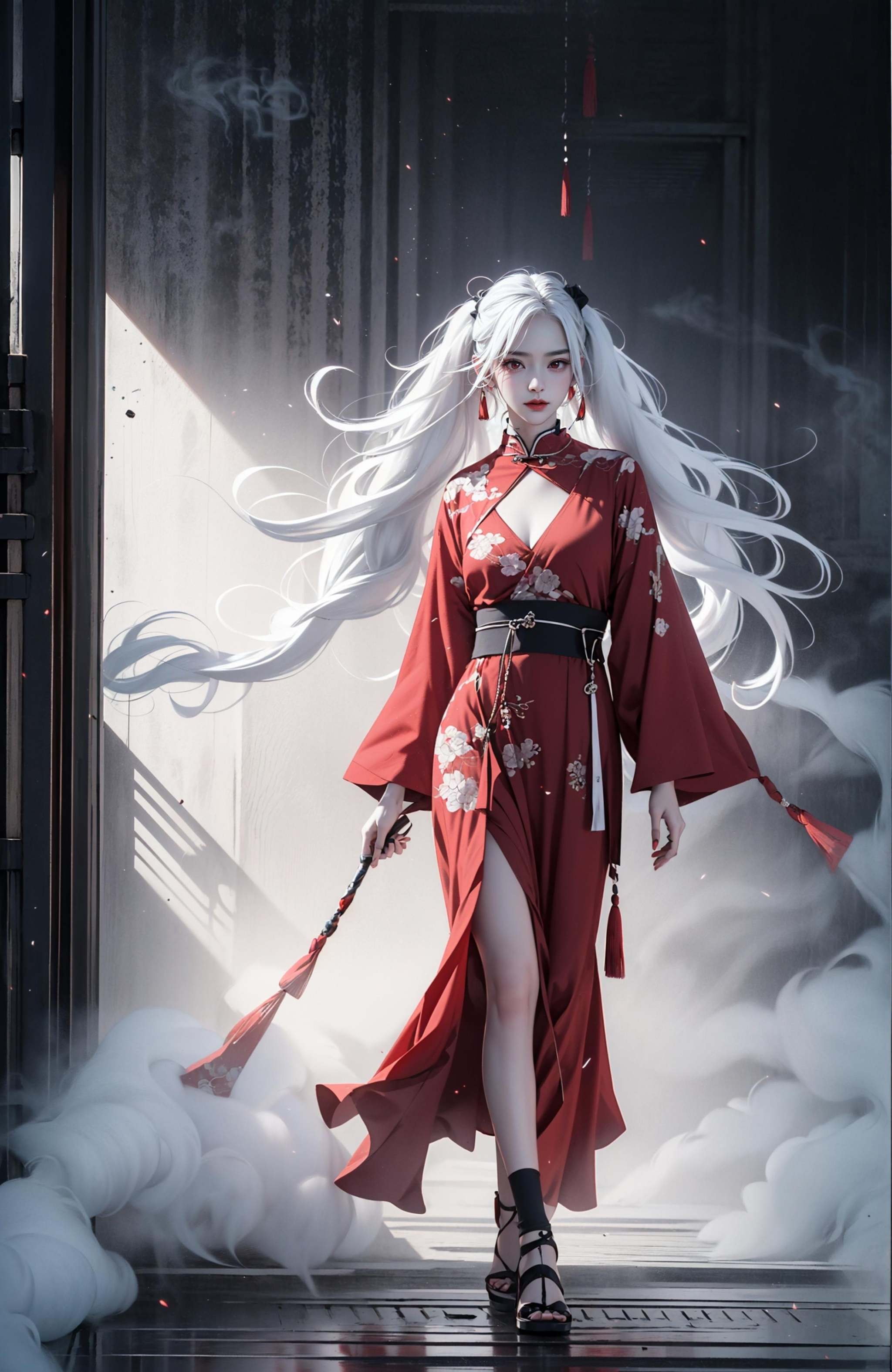 (dramatic, gritty, intense:1.4),masterpiece, best quality, 32K，insane details, intricate details, hyperdetailed, hyper quality, high detail, ultra detailed, Masterpiece, (full body:1.4),  Red eyes，(white hair:1.6)，twintails，an girl in a red dress is in front of white eyes, Unreal background, smoke and mist, like something coming out. Chinese Taoist ghost legend，horror-inspired, Chinese Horror，dollcore, dark violet and light blue, contrast between light and dark，photo-realistic hyperbole, japonism influenced pieces, cryptidcore，Junji Ito, miho hirano, ilya kuvshinov, Yimou Zhang, Thick paintings, oil paintings, ink drawings，cinematic textures, top view, extreme close-ups, REALISTIC 3D, ULTRA DETAILED. Blender, C4D, high detail, high resolution,A shot with tension，(sky glows red,Visual impact,giving the poster a dynamic and visually striking appearance:1.2),Chinese Zen style,impactful picture,<lora:绪儿-红衣女鬼:0.8>