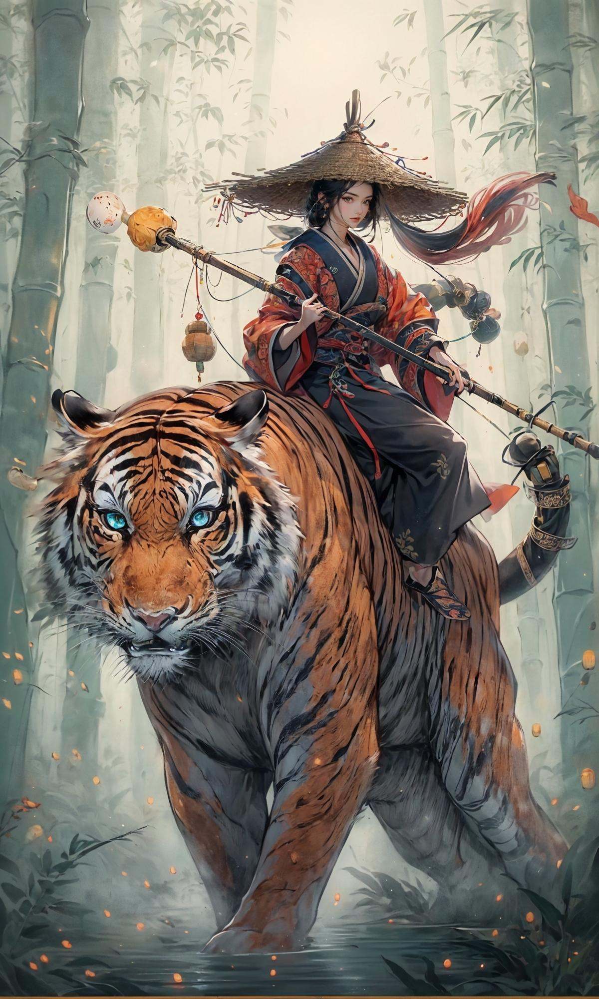 masterpiece, best quality, 8k, insane details, intricate details, hyperdetailed, hyper quality, high detail, ultra detailed, Masterpiece,1girl, solo,East Asian architecture，Hanfu，Bamboo grove，fishing rod，(gourd:1.6)，<lora:Riding a giant tiger_20230822144927:0.7>