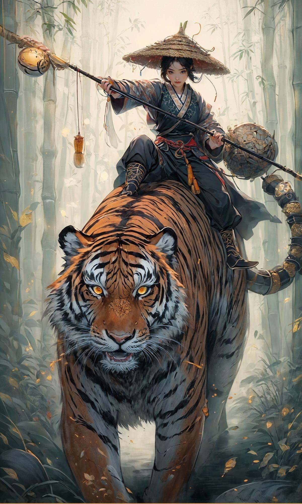 masterpiece, best quality, 8k, insane details, intricate details, hyperdetailed, hyper quality, high detail, ultra detailed, Masterpiece,1girl, solo,East Asian architecture，Hanfu，Bamboo grove，fishing rod，(gourd:1.6)，<lora:Riding a giant tiger_20230822144927:0.7>