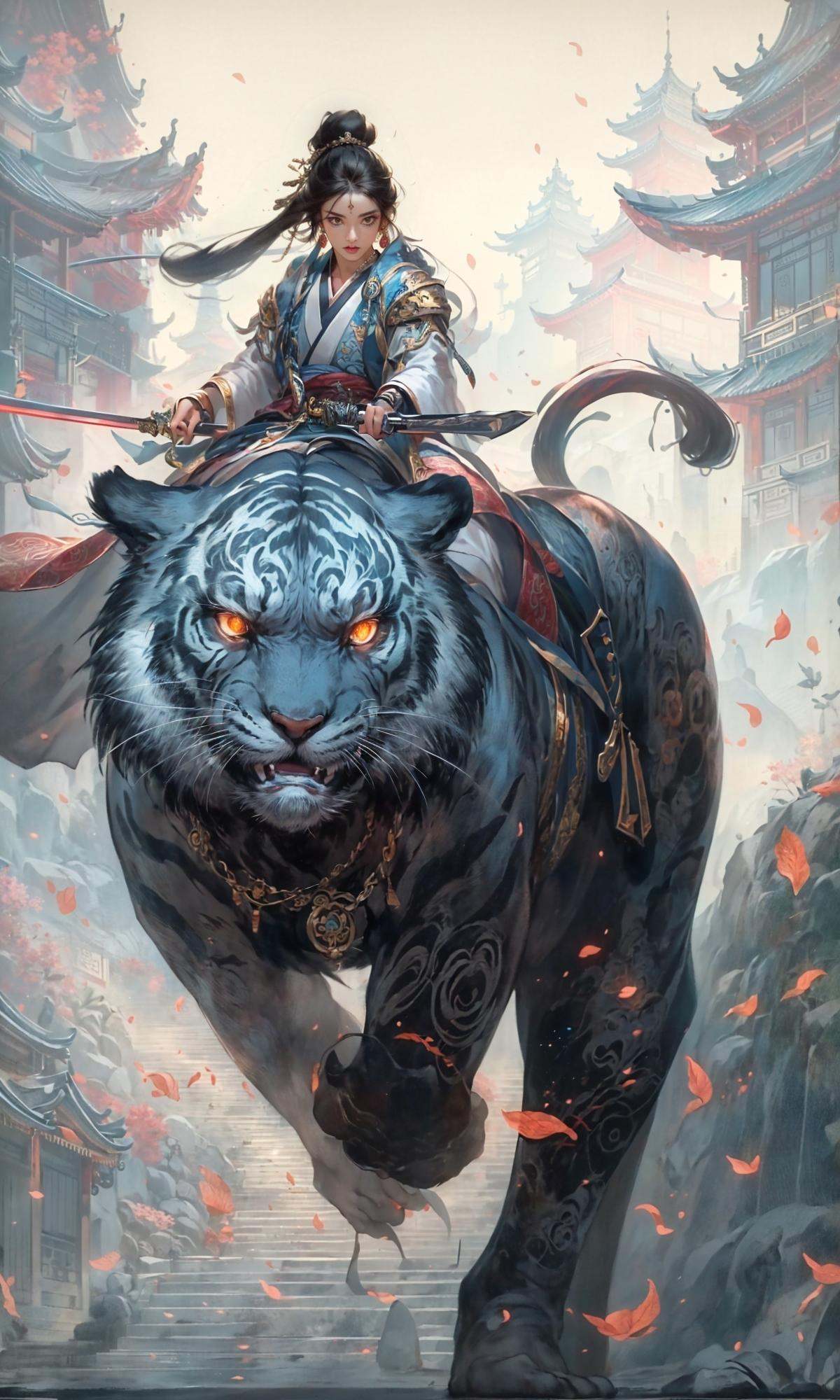 masterpiece, best quality, 8k, insane details, intricate details, hyperdetailed, hyper quality, high detail, ultra detailed, Masterpiece,1girl, solo,East Asian architecture，Hanfu，Sword in hand，<lora:Riding a giant tiger_20230822144927:0.7>